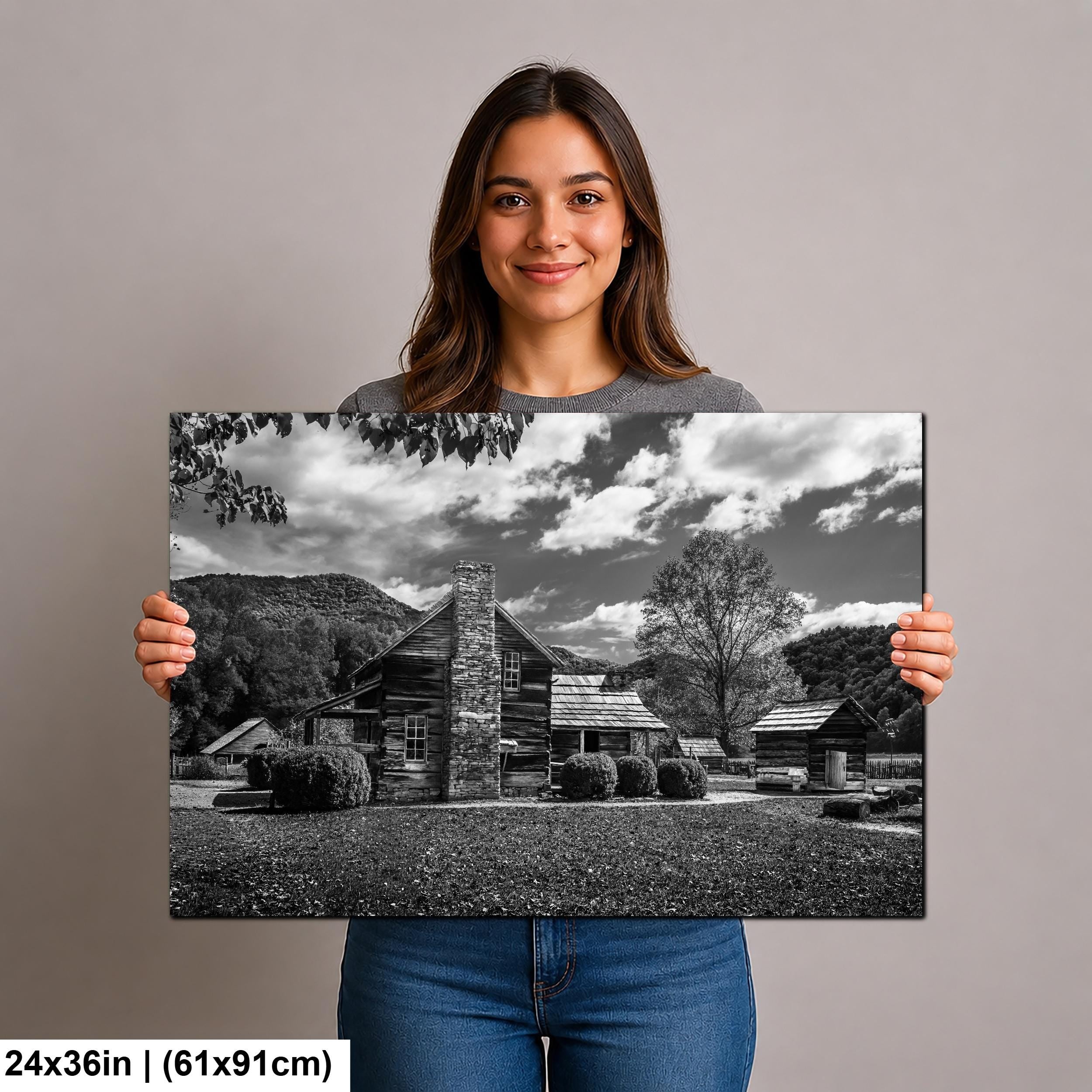 Appalachian Pioneer Homestead Black and White Photography Print, Great Smoky Mountains National Park Tennessee North Carolina