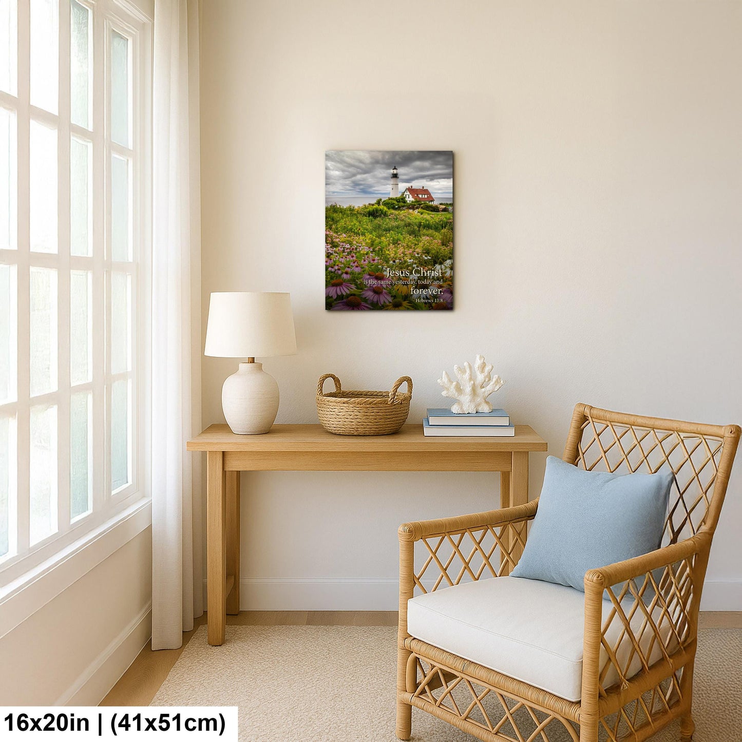 Lighthouse Wall Art – Portland Head Light Christian Wall Decor With Hebrews 13 8 Print