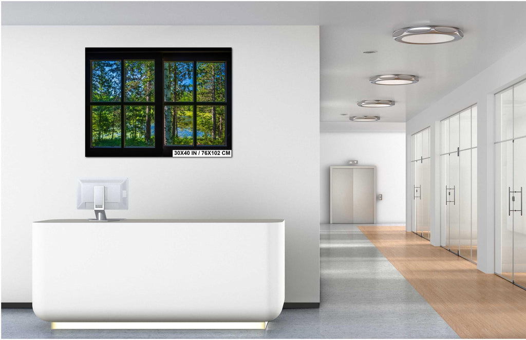 Modern office interior with a large screen displaying nature imagery.