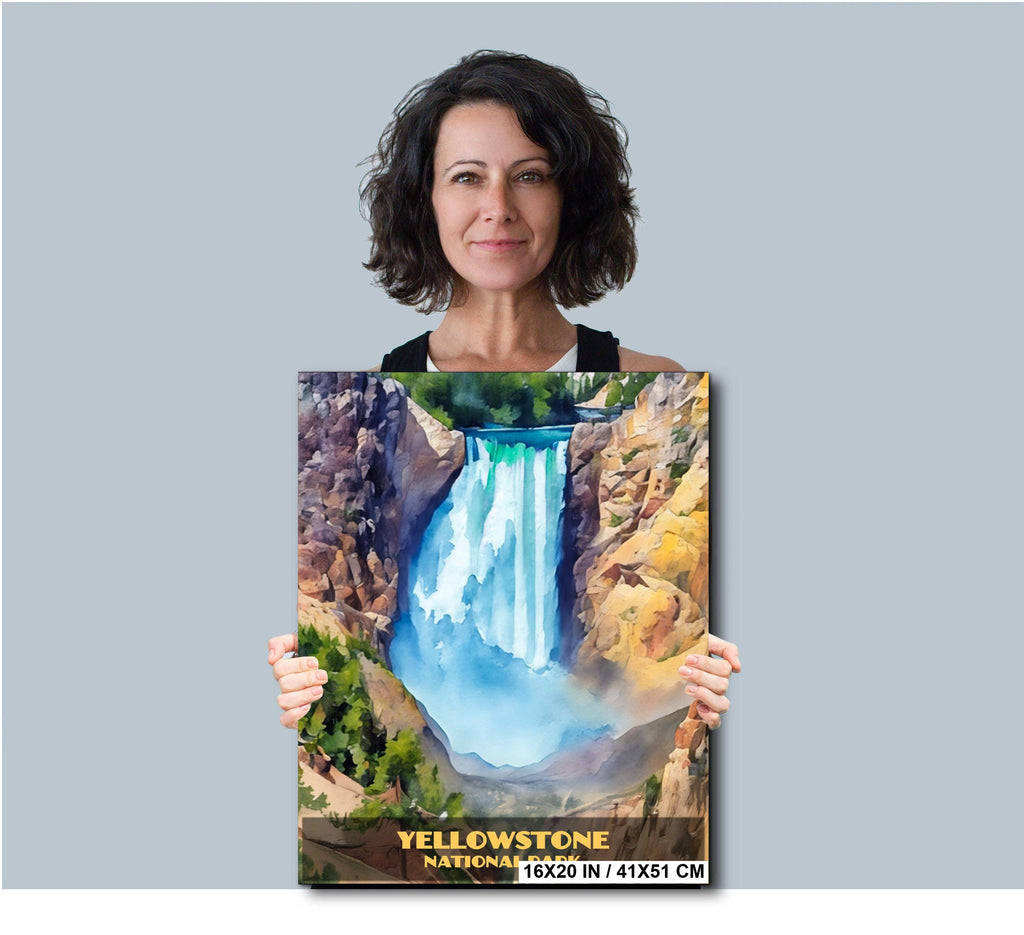 Yellowstone Lower Falls: Wyoming National Park Watercolor Style Photography Wall Art