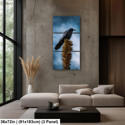 Raven Perched on Golden Agave Stalk - Dramatic Bird Wildlife Photography Print