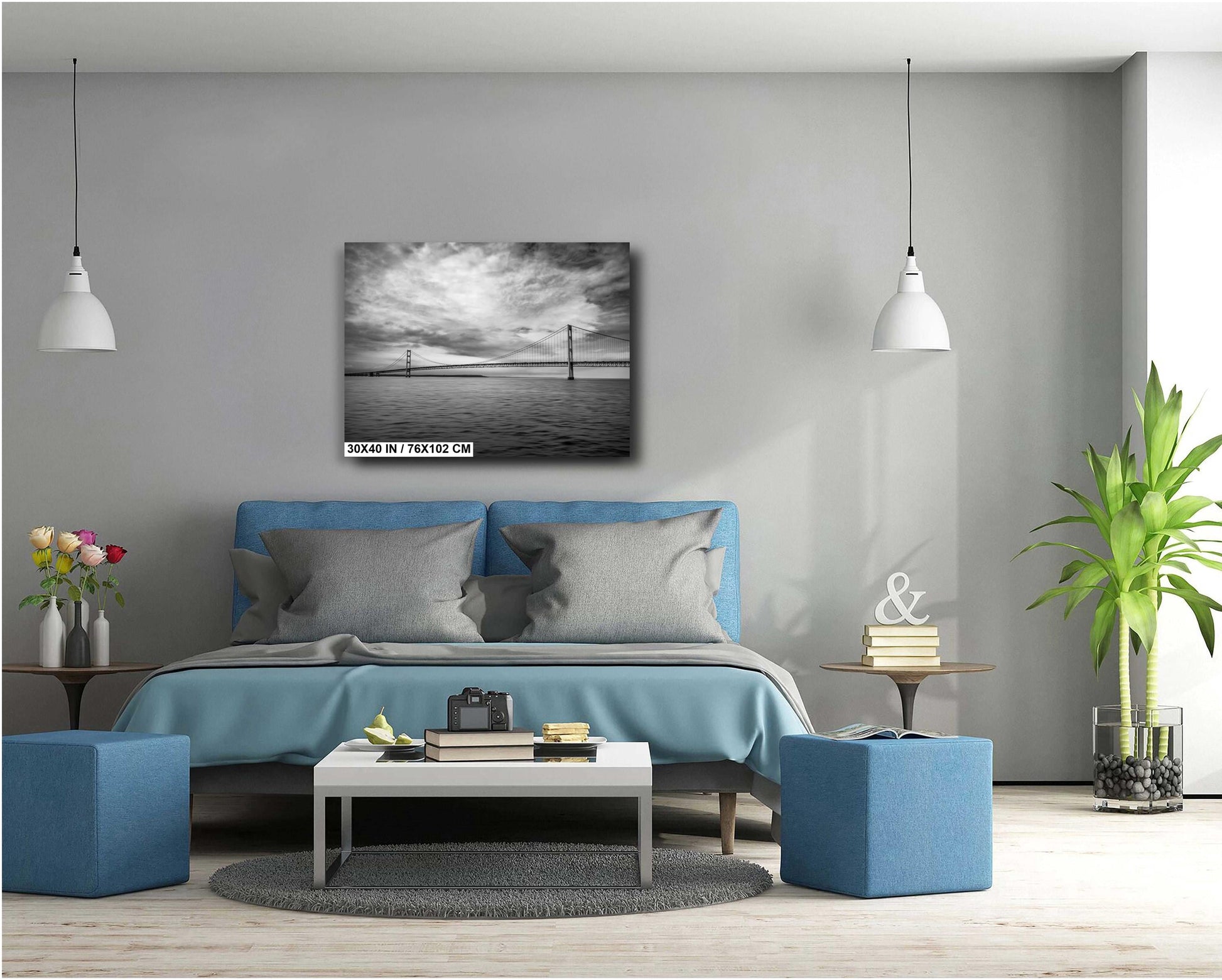 Black and white photo of the Mackinac Bridge crossing the Straits of Mackinac from Michigan's Upper to Lower Peninsulas.