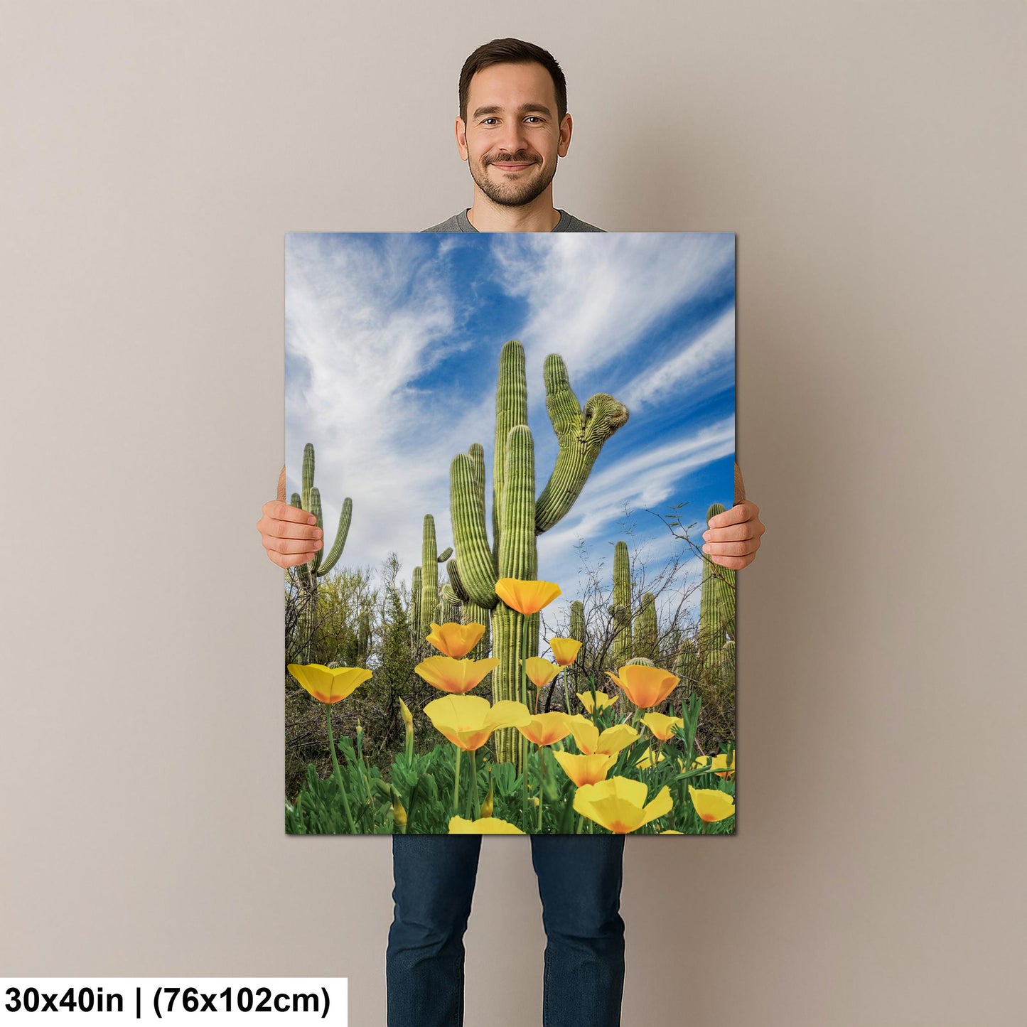 Mexican Gold Poppies Beneath Saguaros - Catalina State Park Tucson Arizona Photography Print