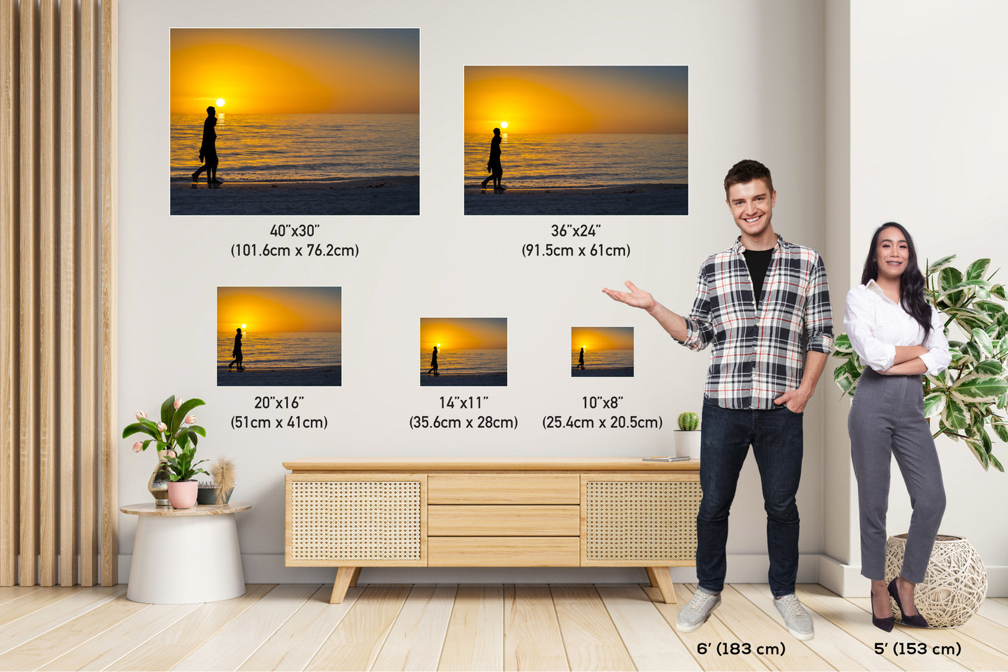 Shadows of Romance: Couple Silhouette Stroll Wall Art  Sunset Beach Florida Seascape Photography Canvas Print