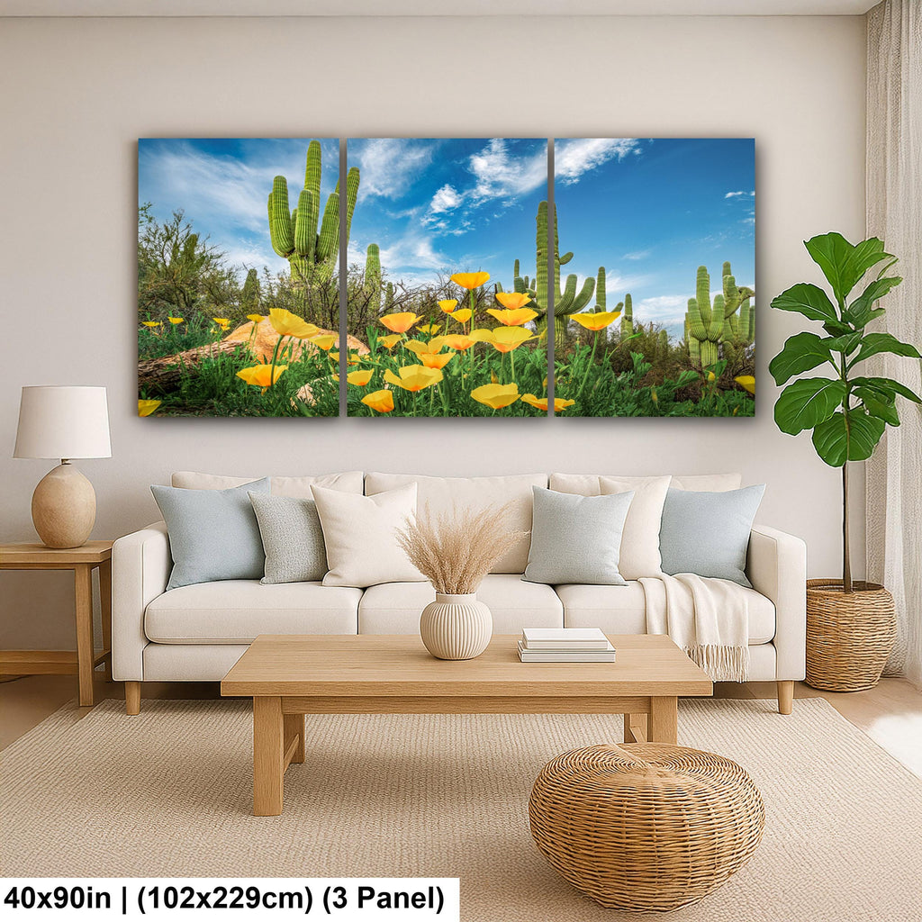 Sonoran Desert Yellow Poppies with Saguaros - Catalina State Park Tucson Arizona Photography Print