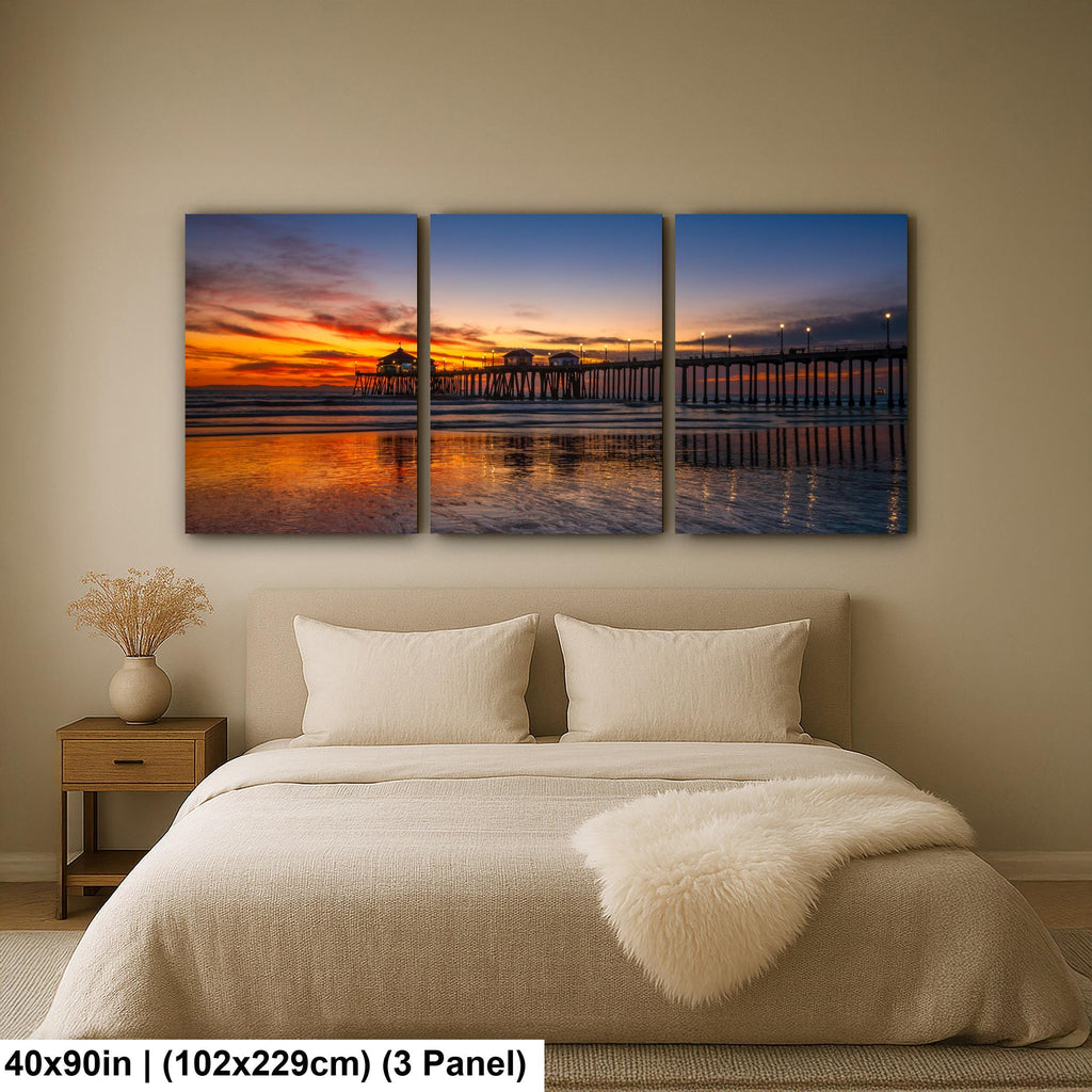 Huntington Beach Pier Sunset, California Coast Ocean Photography Print, Coastal Wall Art, Orange Sky Reflection, Beach Home Decor
