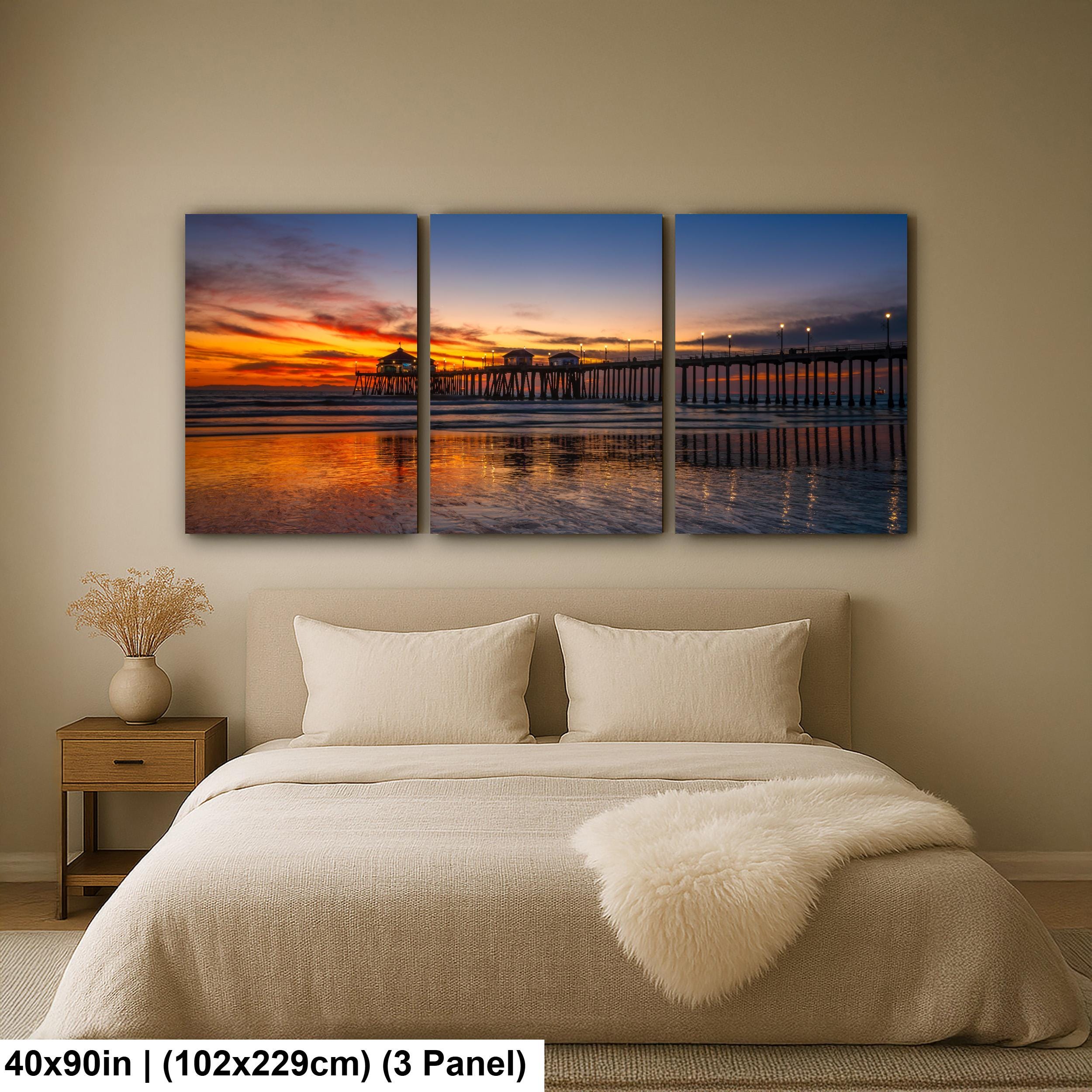 Huntington Beach Pier Sunset, California Coast Ocean Photography Print, Coastal Wall Art, Orange Sky Reflection, Beach Home Decor