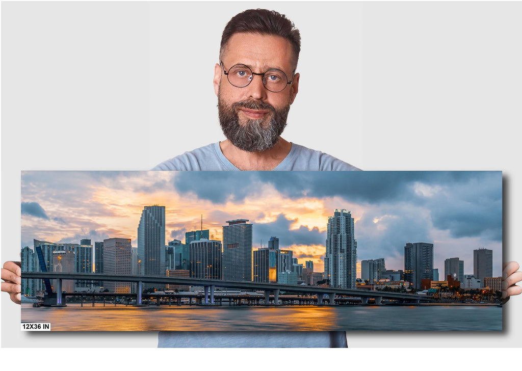 Miami Skyline from the Bay at Sunset: Florida Print Wall Art MacArthur Causeway Bridge Photography Aluminum/Acrylic/Metal/Canvas Home Decor