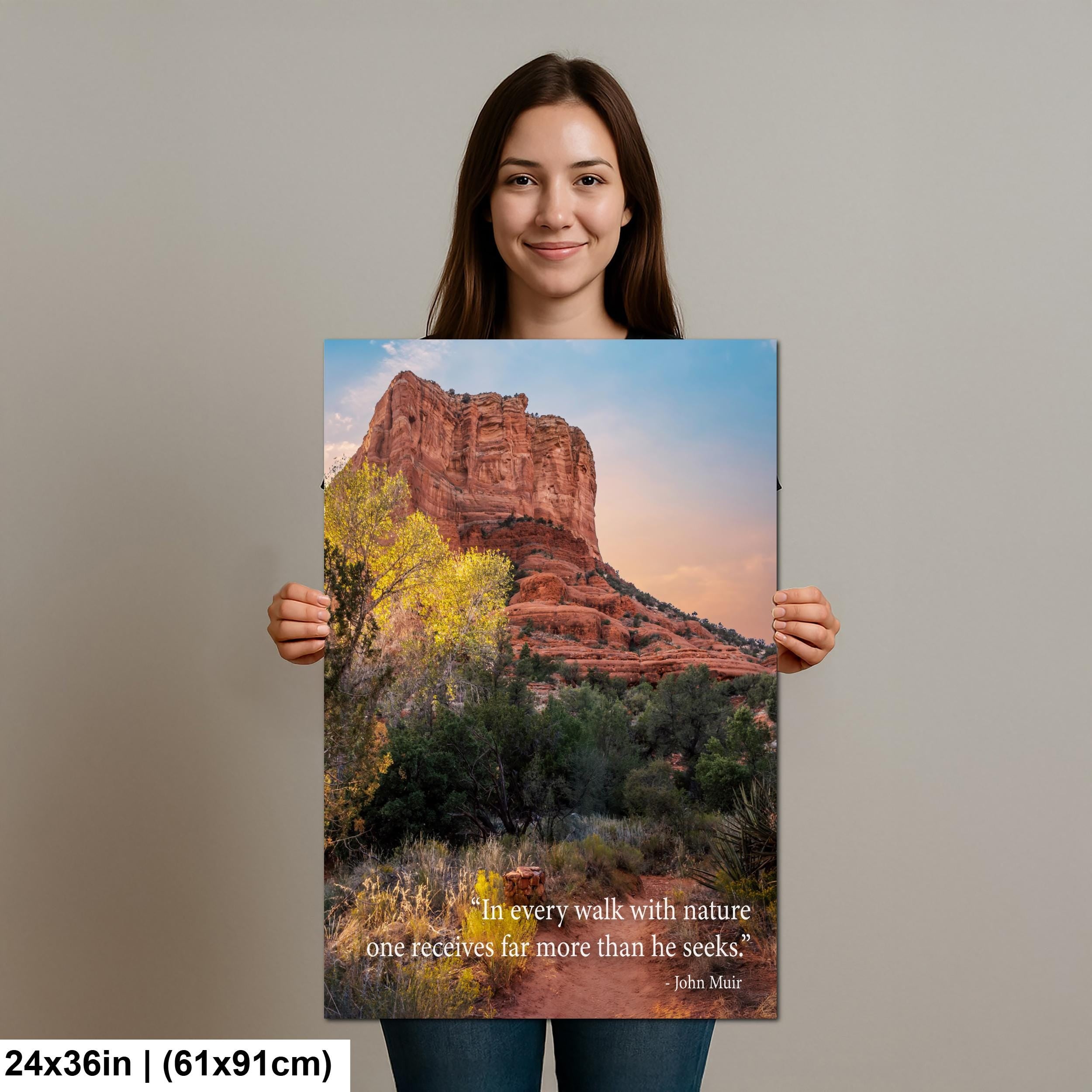 John Muir Inspirational Quote Wall Art for Calm and Reflection, Red Rock Nature Photography Print for Home or Office Decor