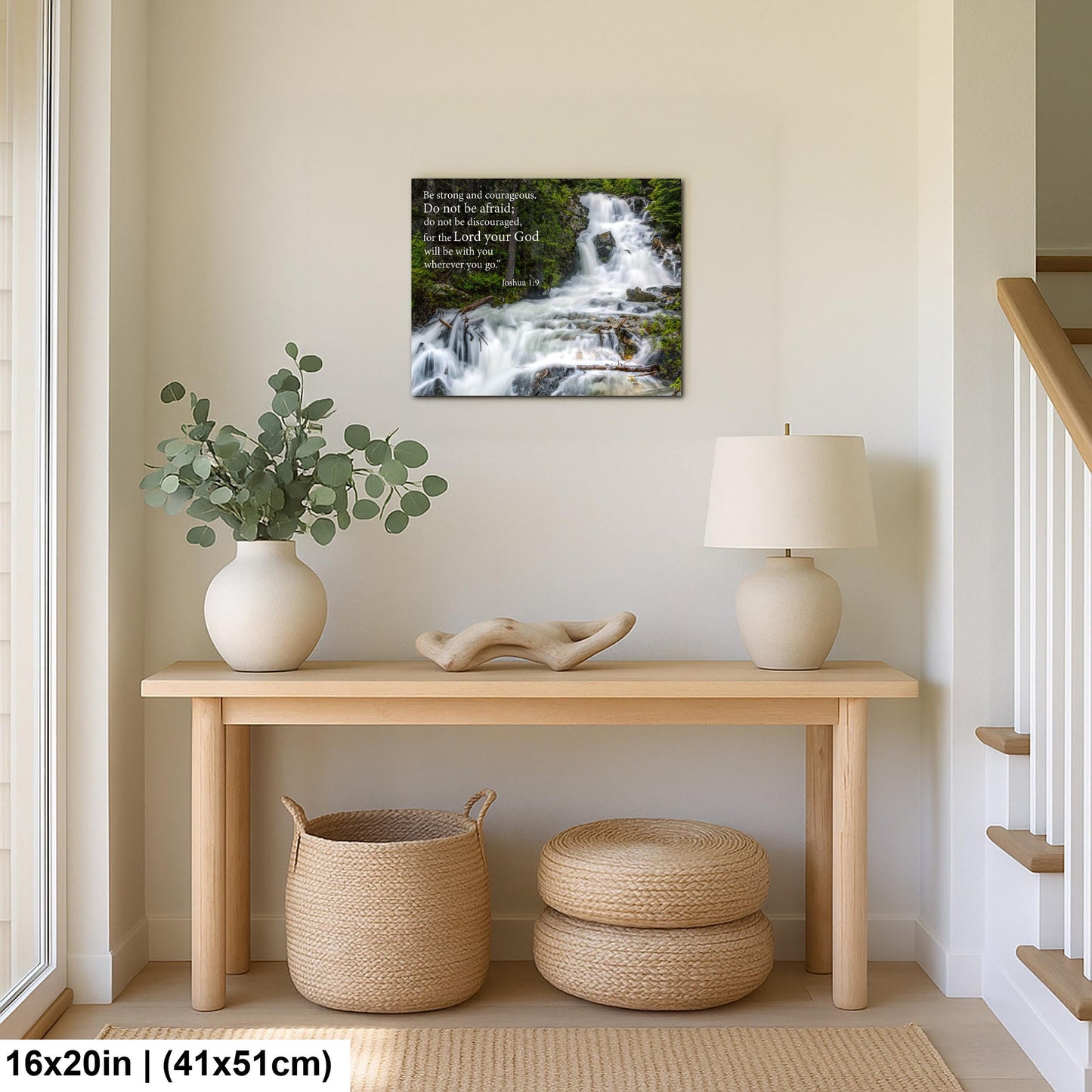 Joshua 1:9 Be Strong and Courageous, Waterfall Photography Print, Christian Scripture Wall Decor for Home or Office