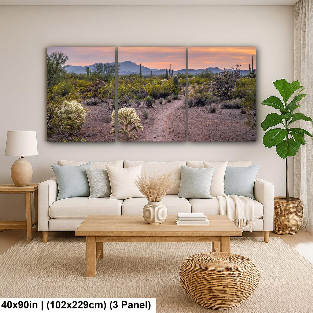 Spring Wildflowers and Saguaros at Sunset, Tucson Arizona Sonoran Desert Photography Print