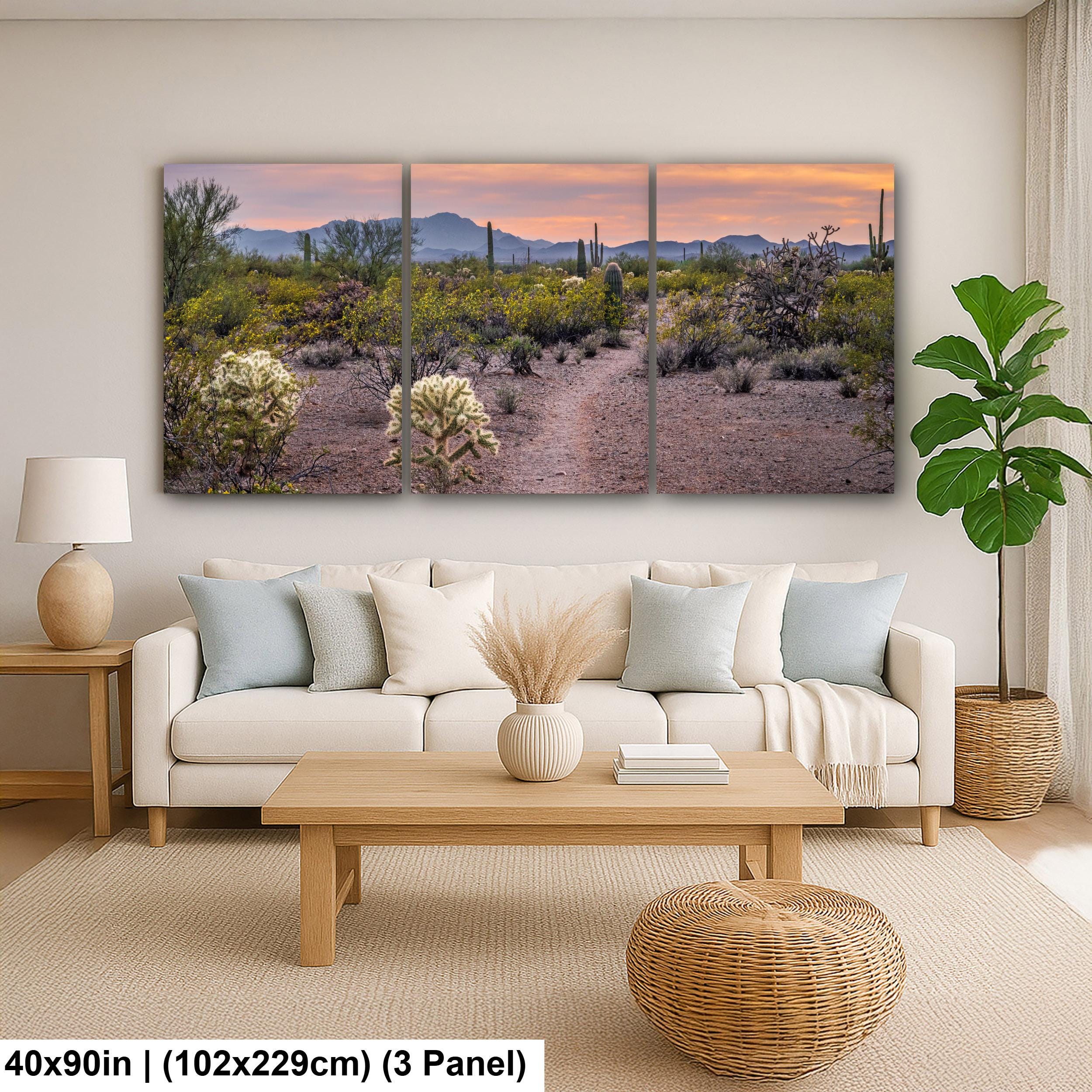 Spring Wildflowers and Saguaros at Sunset, Tucson Arizona Sonoran Desert Photography Print