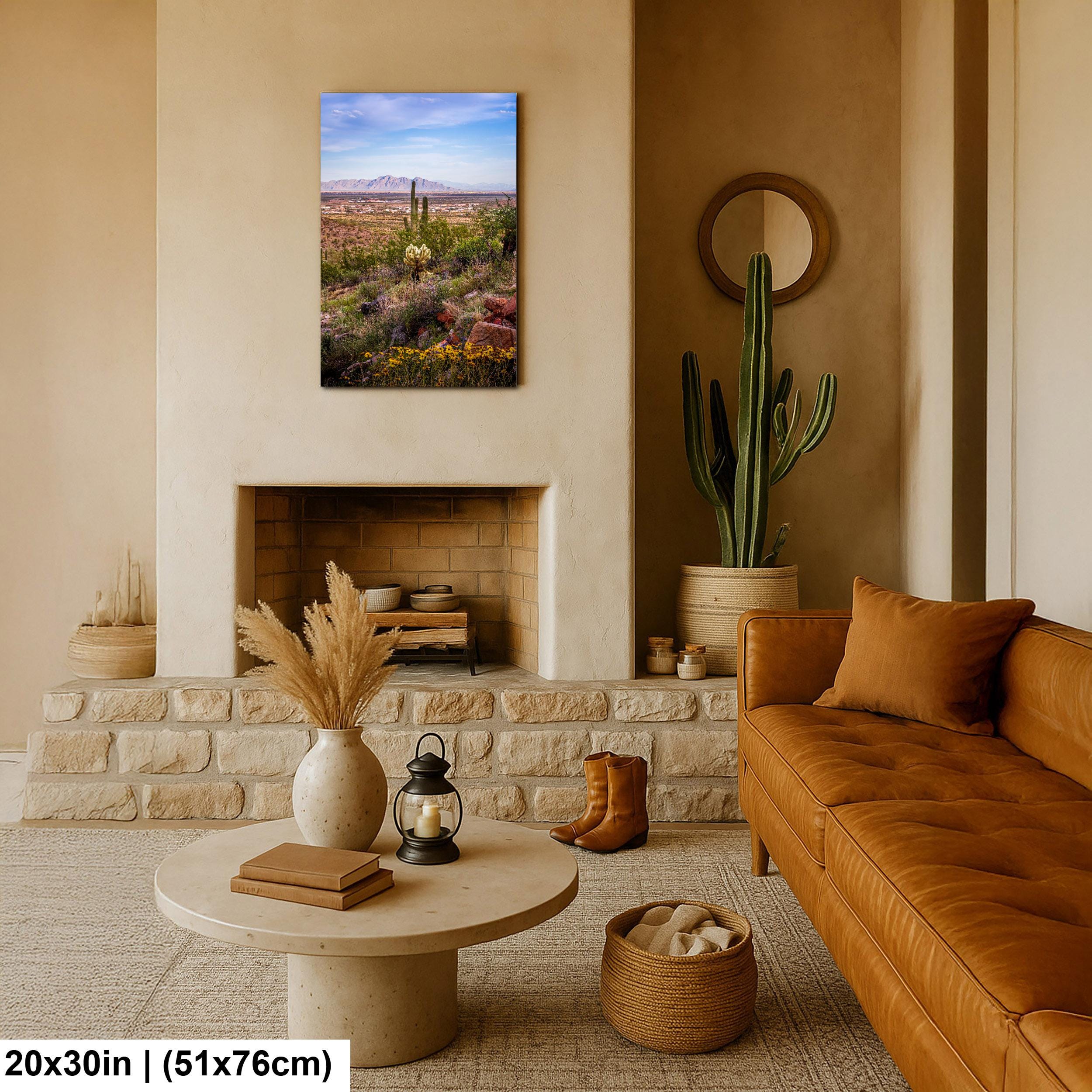 Mountain View Hike with Saguaros and Wildflowers, Casa Grande Arizona Desert Wall Art