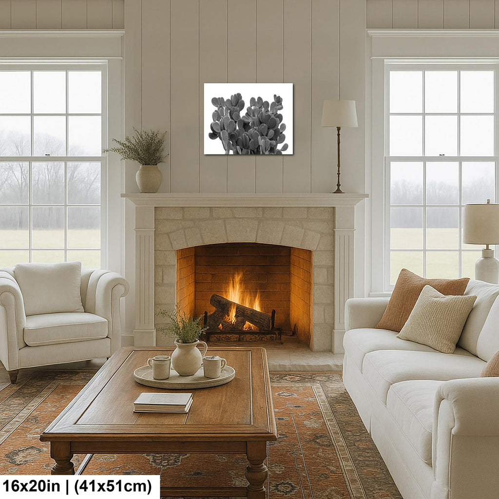 Living room with fireplace, white sofa, and wooden coffee table.