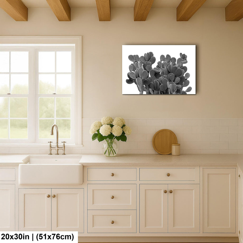 Kitchen interior with a cactus artwork on the wall