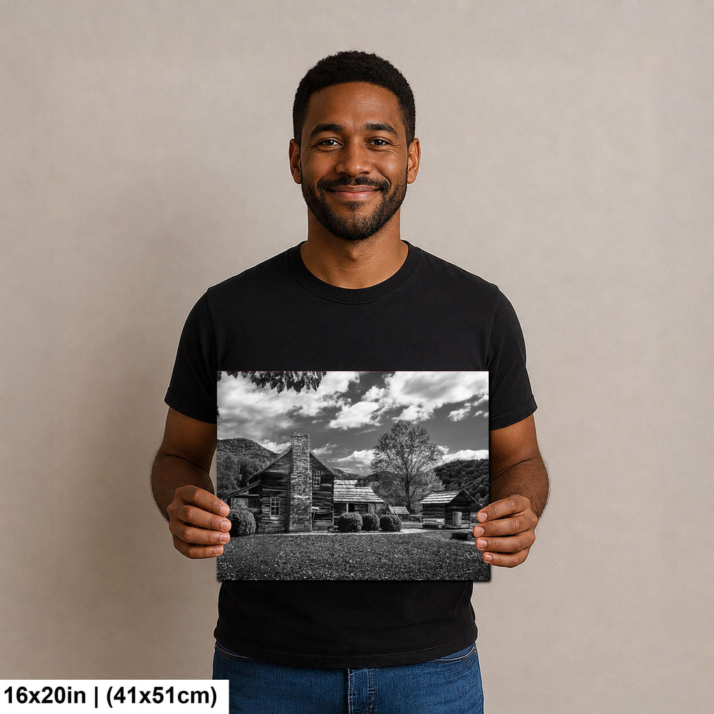 Appalachian Pioneer Homestead Black and White Photography Print, Great Smoky Mountains National Park Tennessee North Carolina