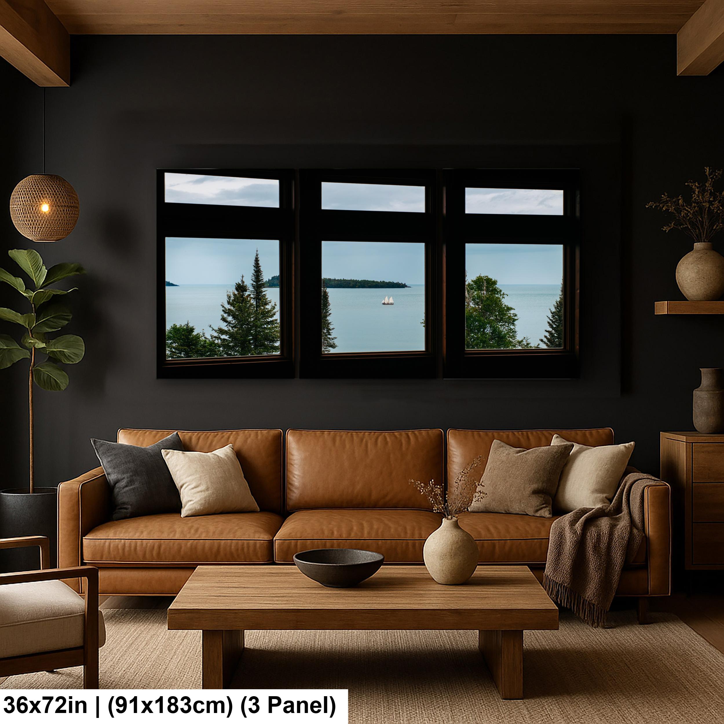 Sailboat on Lake Superior Through Rustic Windows, Grand Portage Minnesota Photography Print