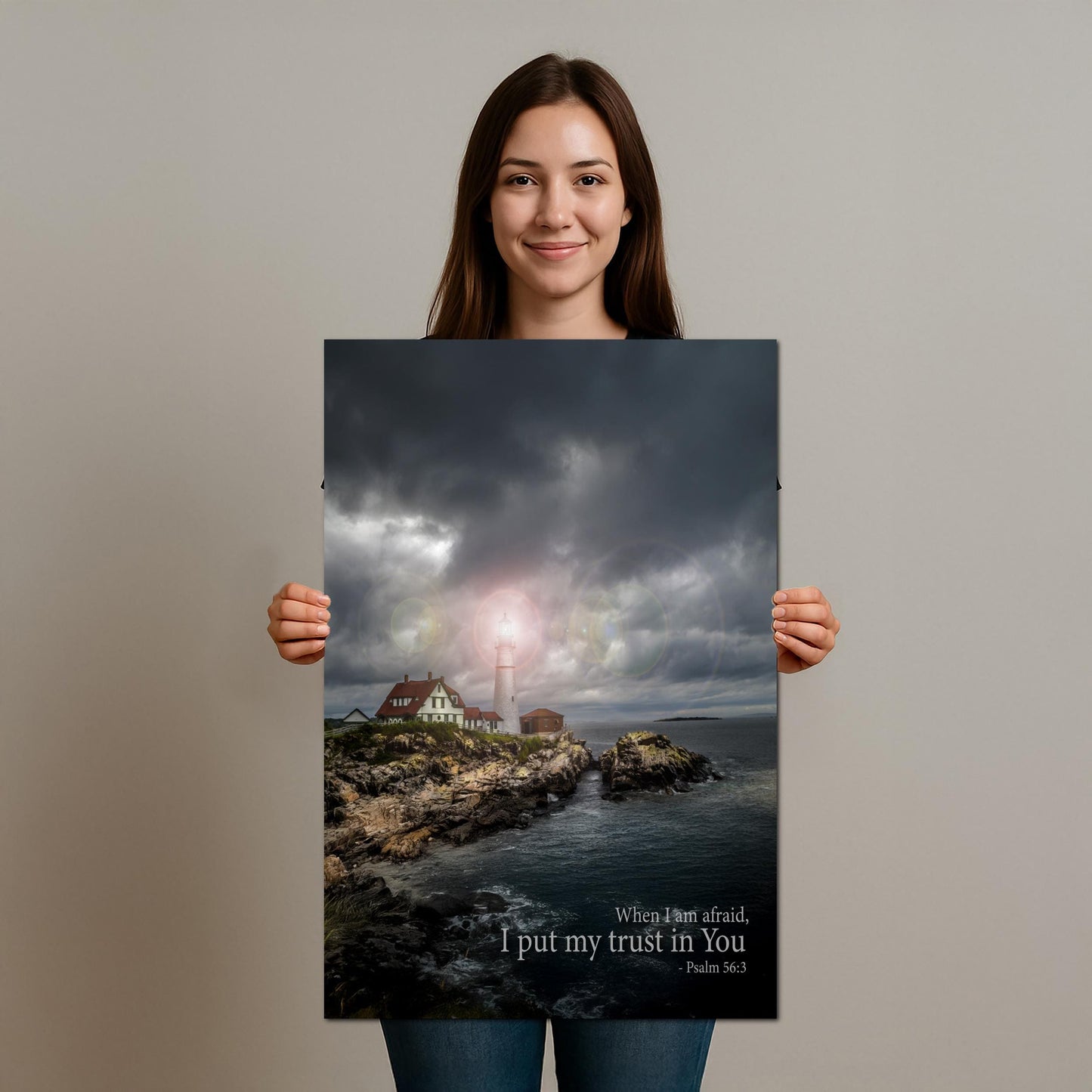 Psalm 56:3 Lighthouse Wall Art – Inspirational Coastal Print with Cape Elizabeth Lighthouse