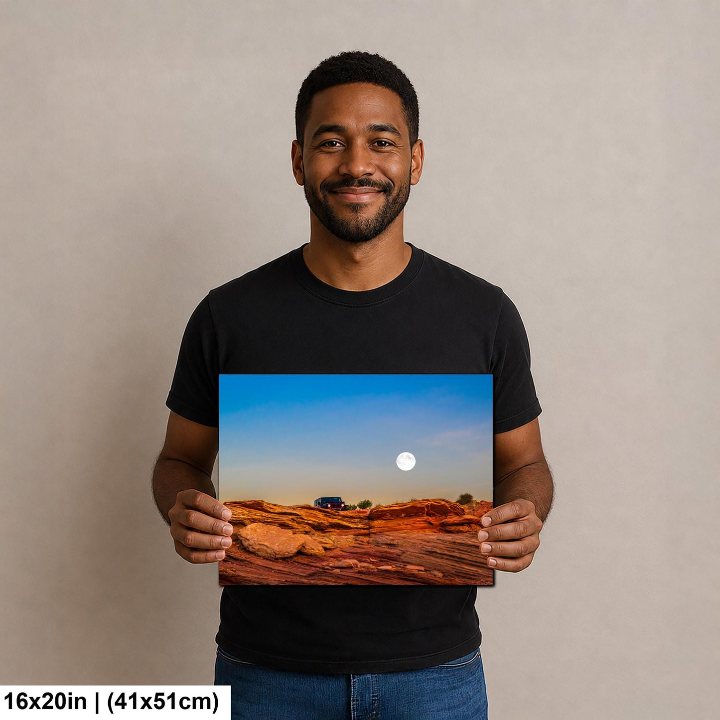 Moonrise Over Red Slickrock with Jeep, Page Arizona Photography Print