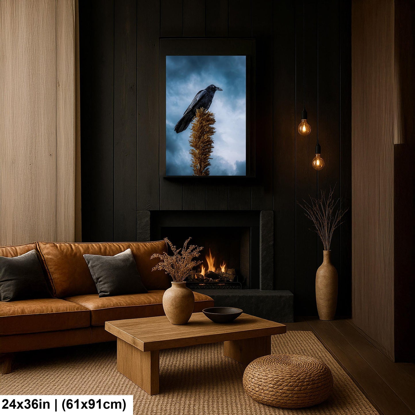 Raven Perched on Golden Agave Stalk - Dramatic Bird Wildlife Photography Print