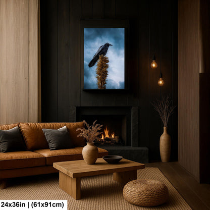 Raven Perched on Golden Agave Stalk - Dramatic Bird Wildlife Photography Print