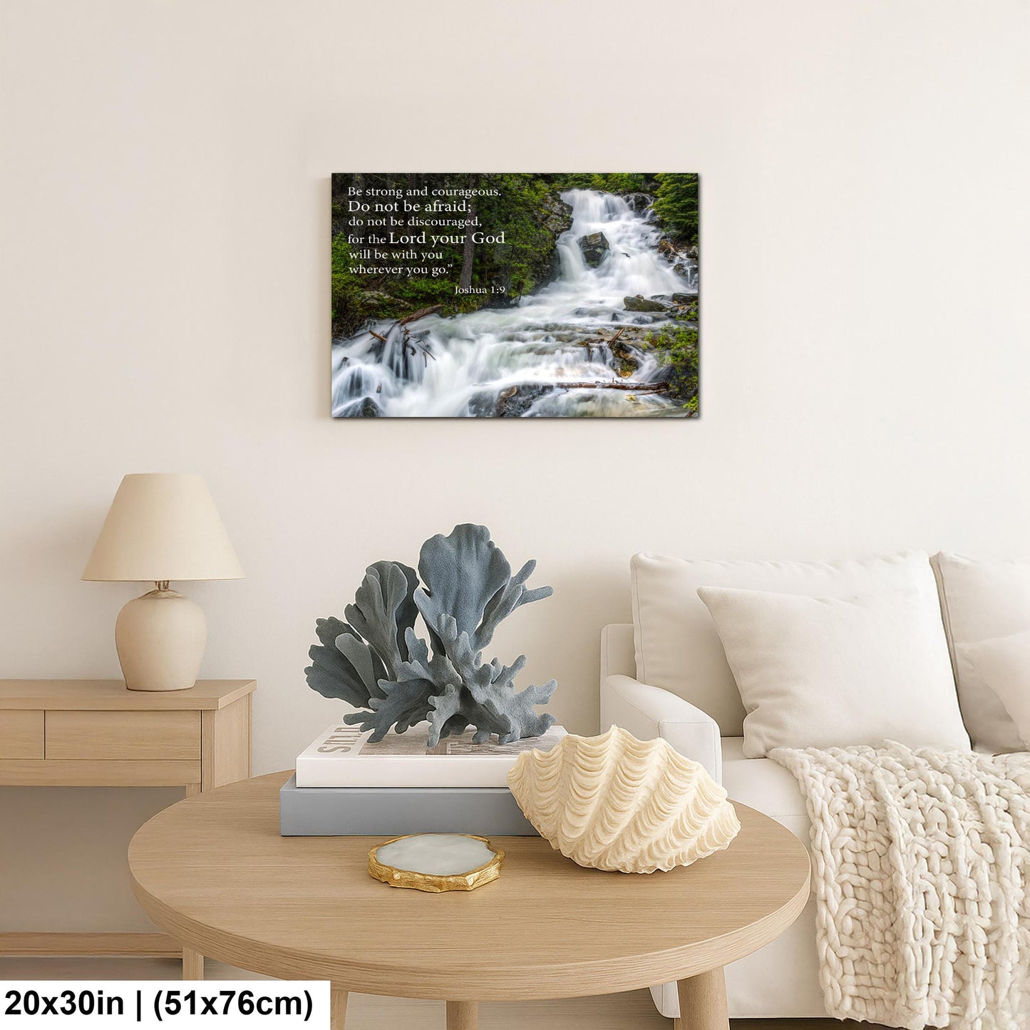 Joshua 1:9 Be Strong and Courageous, Waterfall Photography Print, Christian Scripture Wall Decor for Home or Office