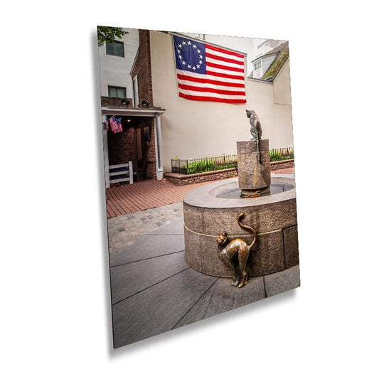 Purrfectly Patriotic: Cat Statue at Betsy Ross Home Wall Art Print Philadelphia Pennsylvania Patriotic Photography Aluminum/Metal/Canvas