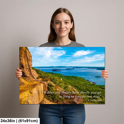 Confucius Motivational Wall Art for Perseverance and Progress, Coastal Mountain Photography Print for Home or Office Decor
