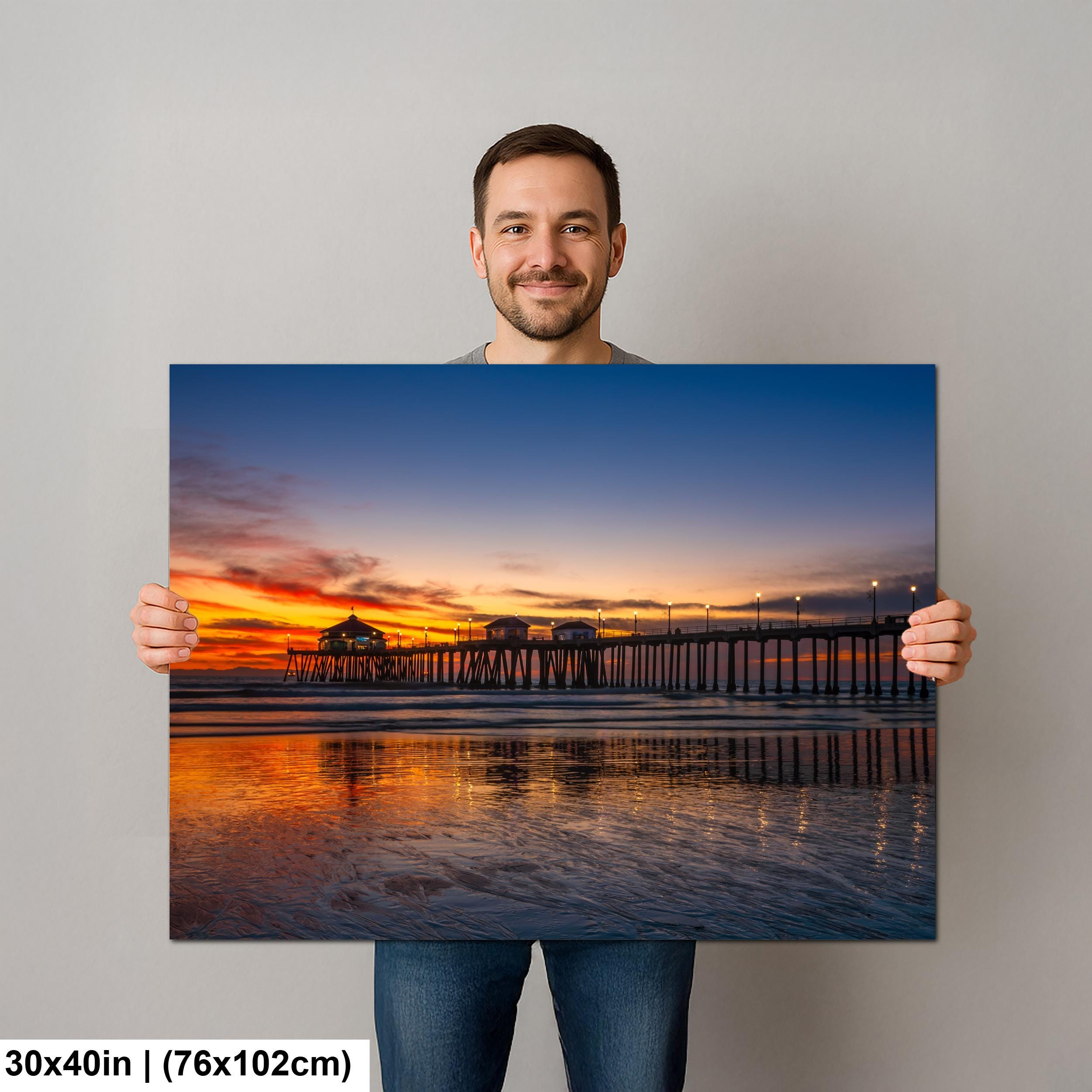 Huntington Beach Pier Sunset, California Coast Ocean Photography Print, Coastal Wall Art, Orange Sky Reflection, Beach Home Decor