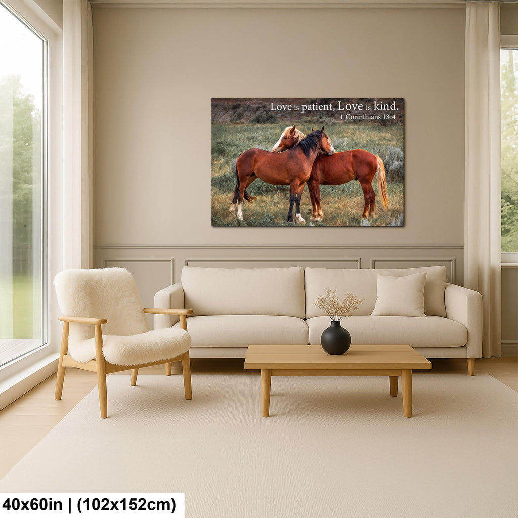 1 Corinthians 13:4 Love Is Patient Love Is Kind Bible Quote, Wild Horses Photography Print, Christian Wall Decor