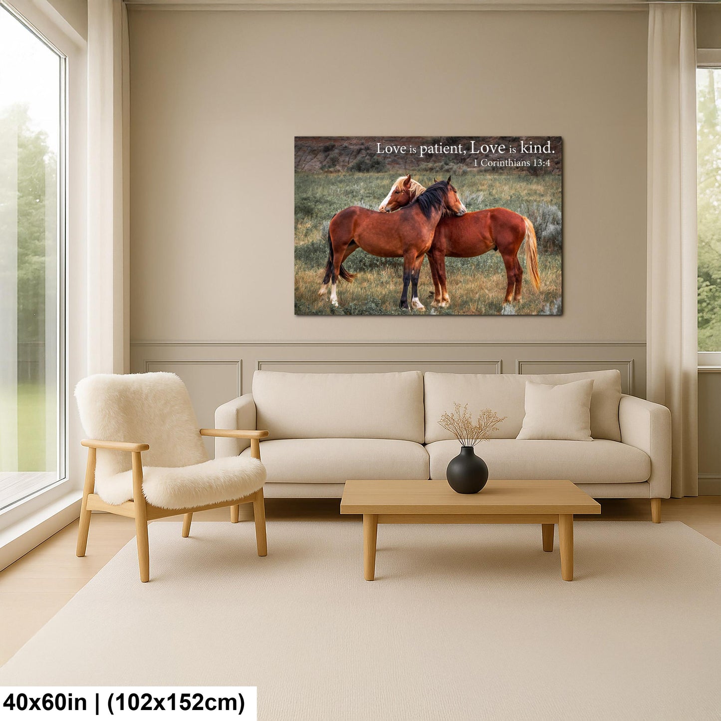 1 Corinthians 13:4 Love Is Patient Love Is Kind Bible Quote, Wild Horses Photography Print, Christian Wall Decor