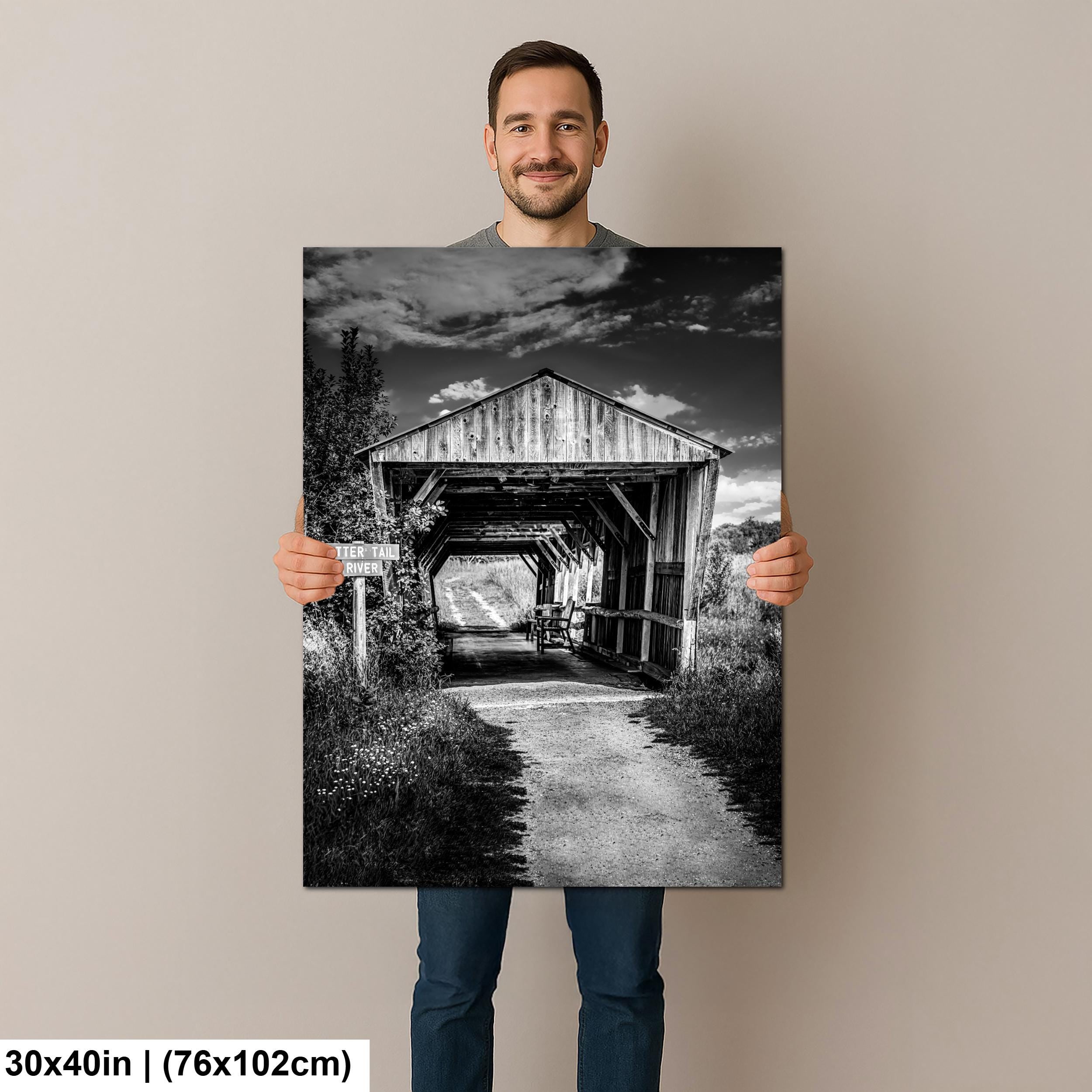 Otter Tail River Covered Bridge in Black and White, Detroit Lakes Minnesota Photography Print