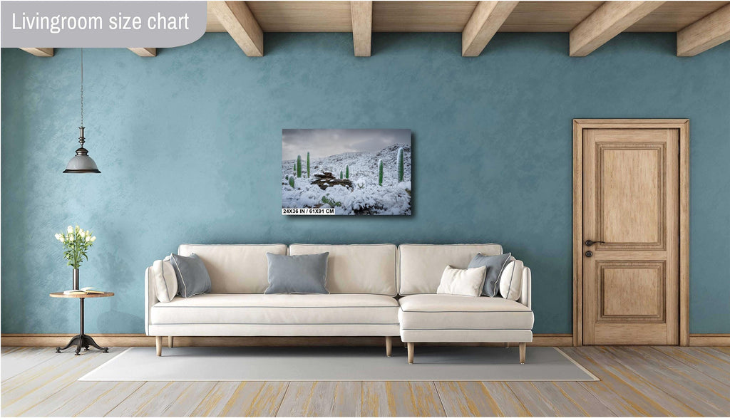 Snow-covered saguaro cacti in Arizona's desert, showcasing a rare winter scene with mountains in the background.