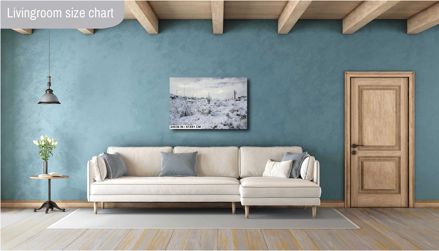 Saguaro Desert Wall Art – Winter Cactus Print | Rare Snowfall Photography Tucson