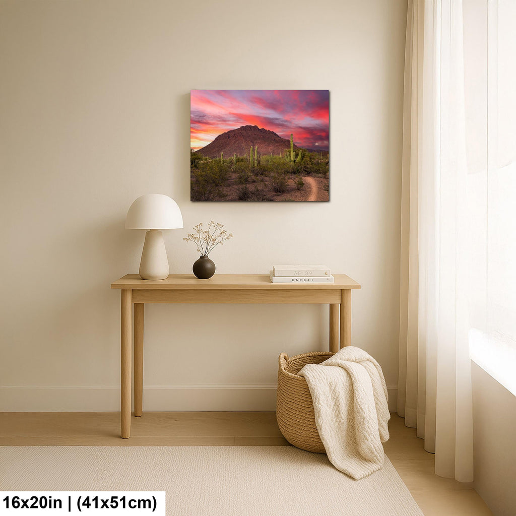 Fiery Desert Sunset with Saguaros, Tucson Arizona Photography Print, Southwest Wall Art, Dramatic Sky Decor