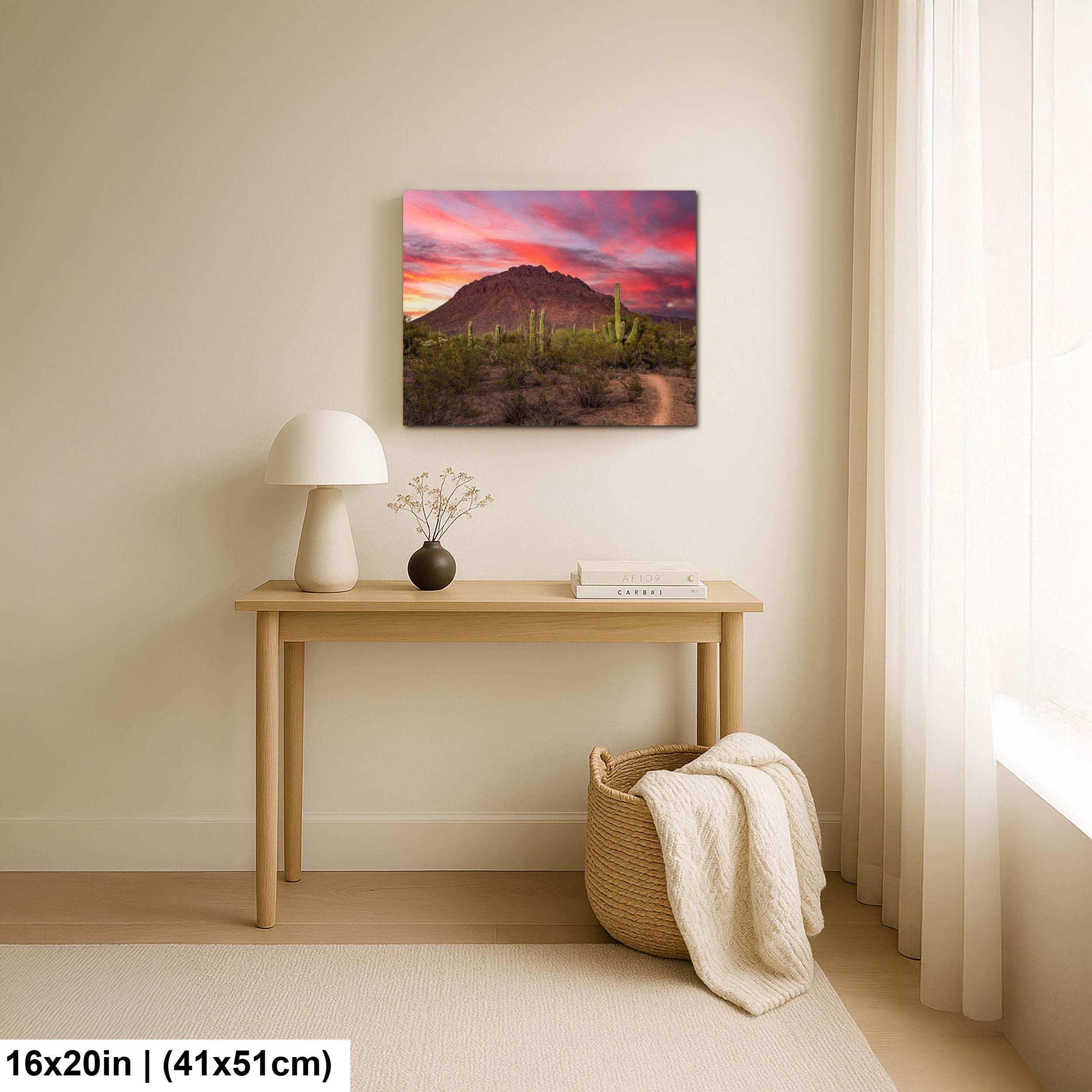 Fiery Desert Sunset with Saguaros, Tucson Arizona Photography Print, Southwest Wall Art, Dramatic Sky Decor