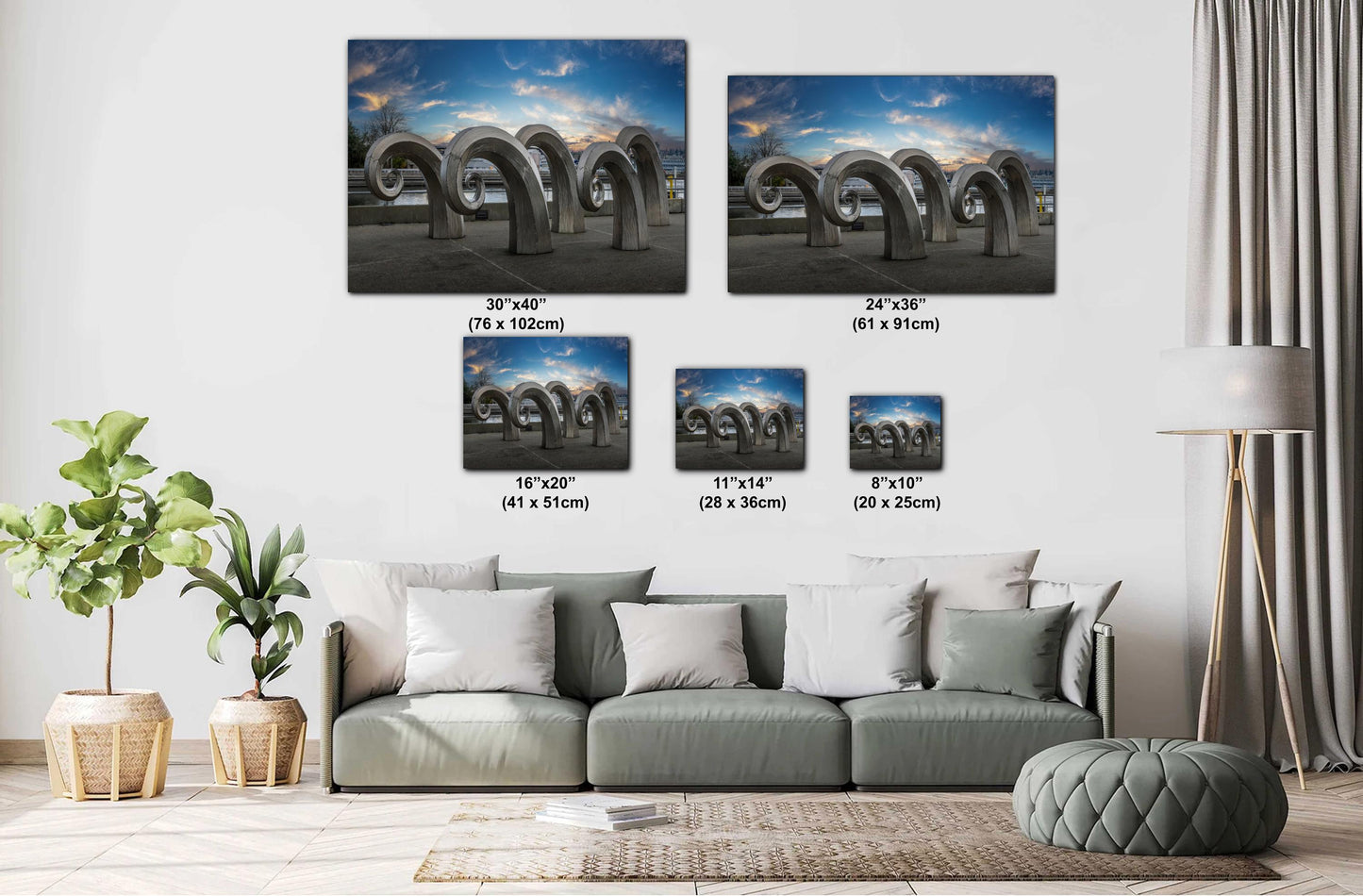 Seattle Waterfront Art Print: Salmon Waves Sculpture - Modern Metal or Canvas