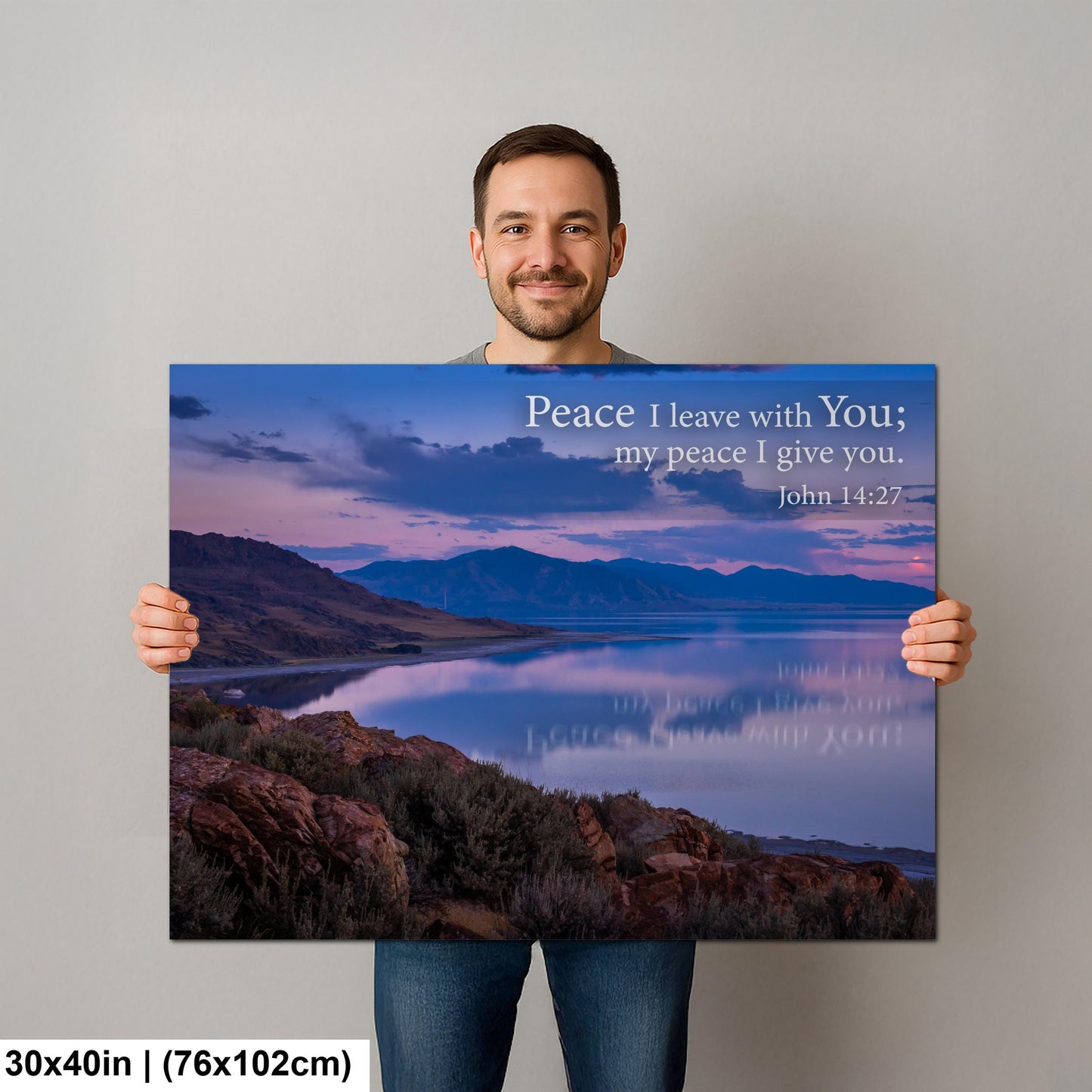 John 14:27 Peace I Leave with You, Sunset Lake Photography Print, Christian Scripture Bible Verse Wall Decor for Home or Office