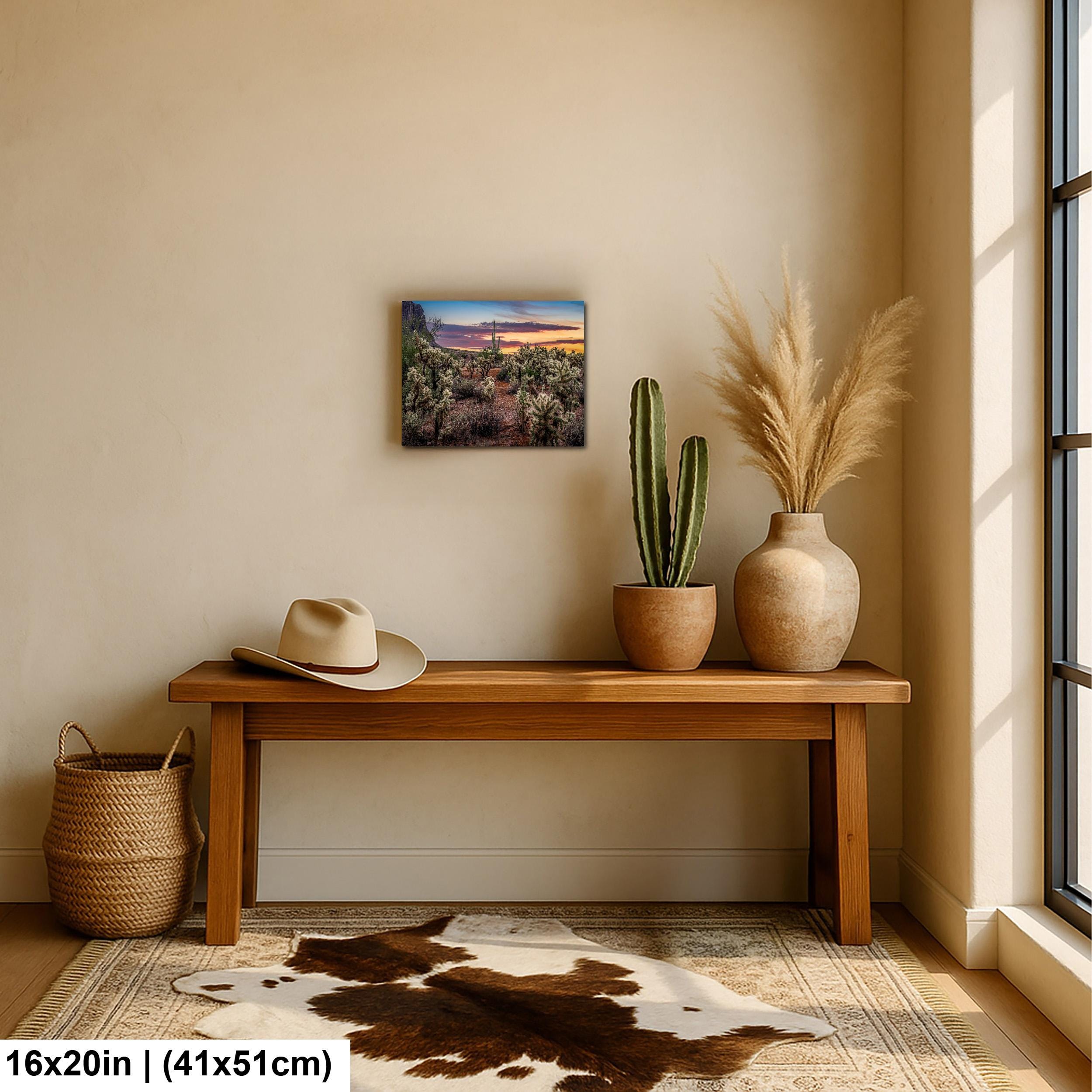 Desert Sunset Photograph, Cholla Cactus and Saguaros, Arizona Landscape Wall Art