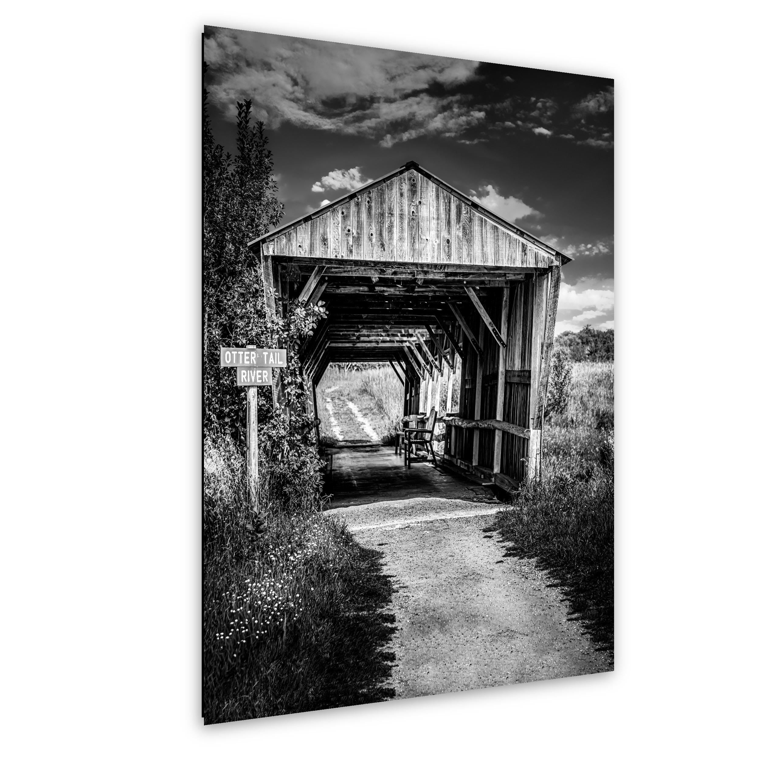 Otter Tail River Covered Bridge in Black and White, Detroit Lakes Minnesota Photography Print