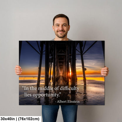 Albert Einstein Difficulty Opportunity Pier Sunset Motivational Photography Print