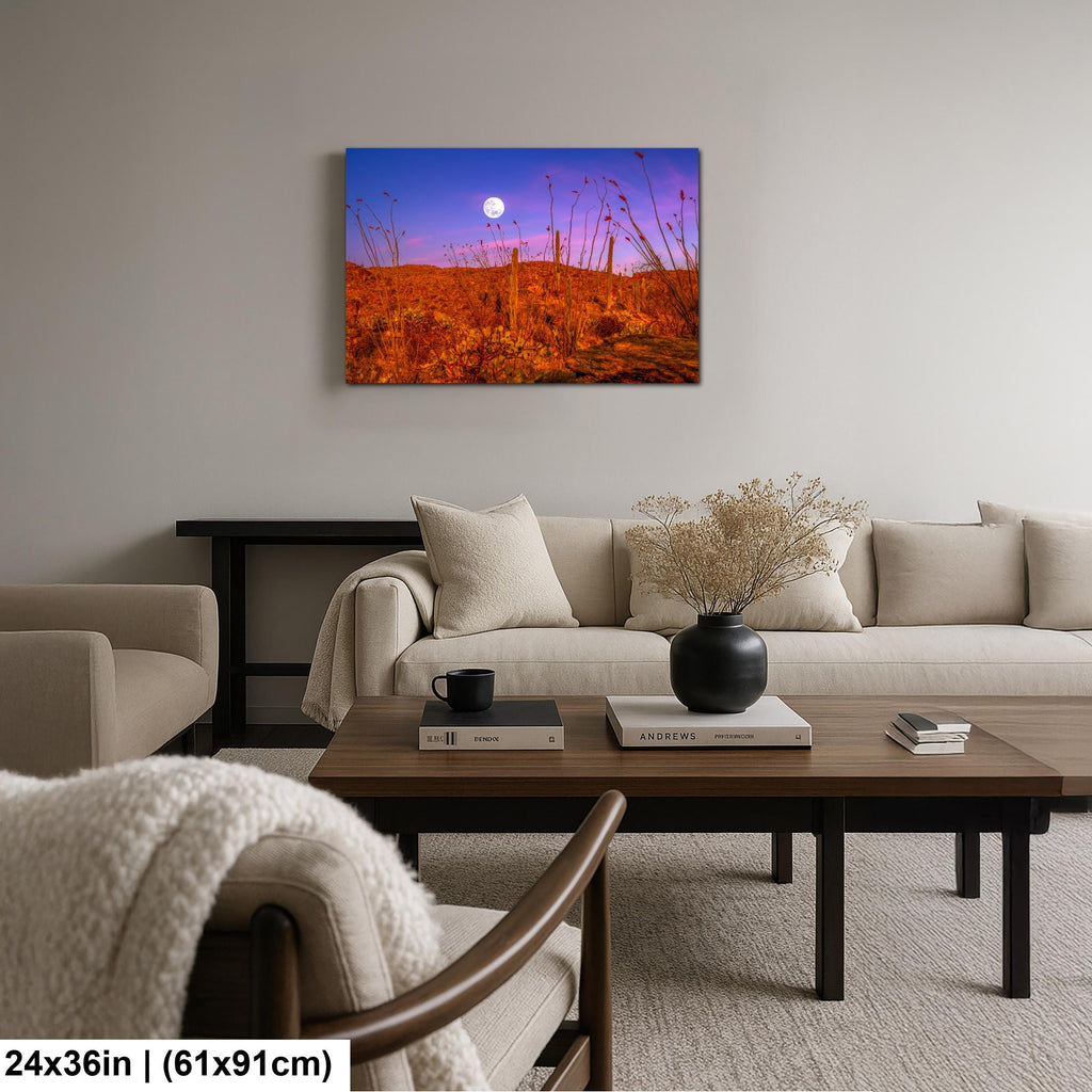 Sonoran Desert Full Moon Print – Saguaros, Ocotillo, Twilight Sky Photography Wall Art