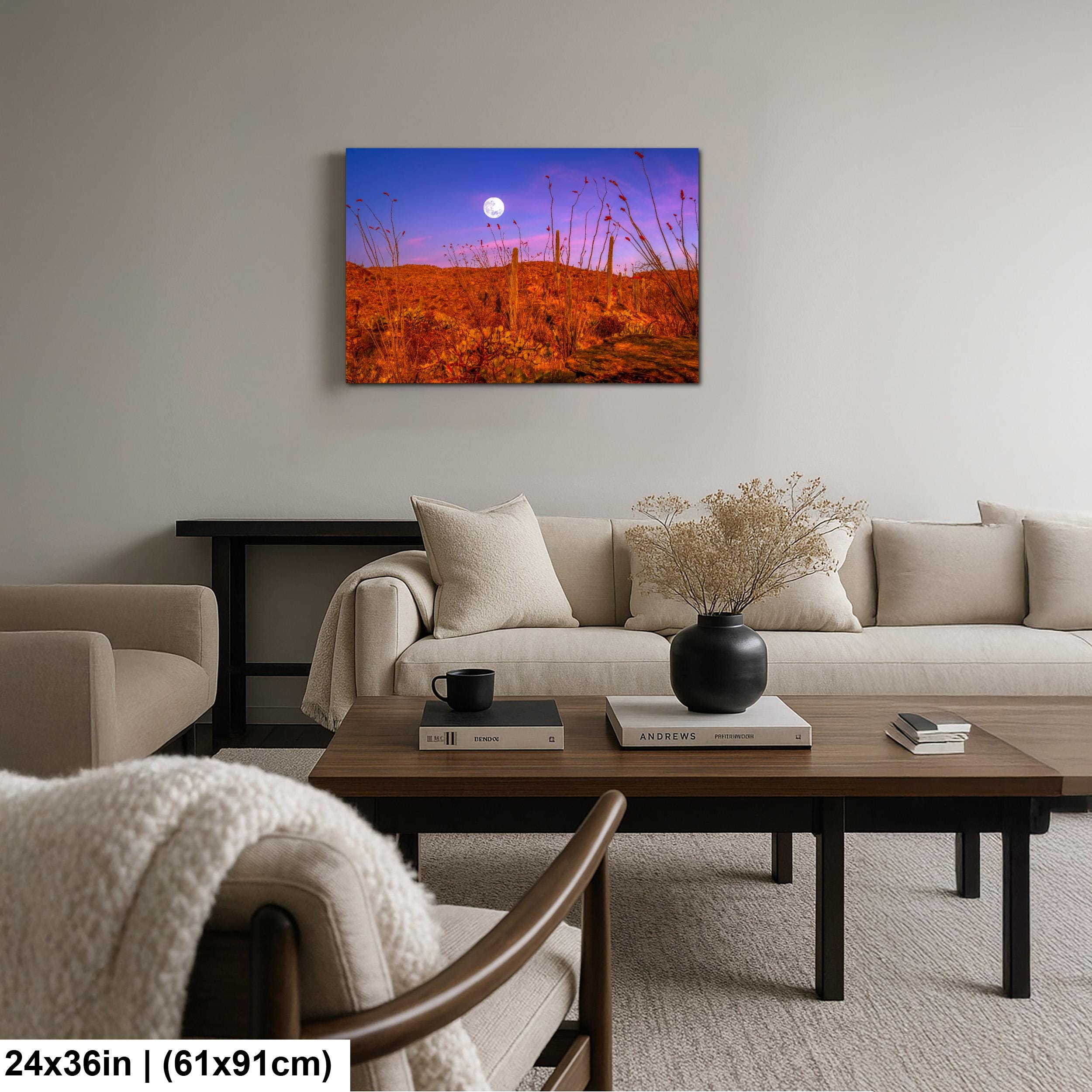 Sonoran Desert Full Moon Print – Saguaros, Ocotillo, Twilight Sky Photography Wall Art
