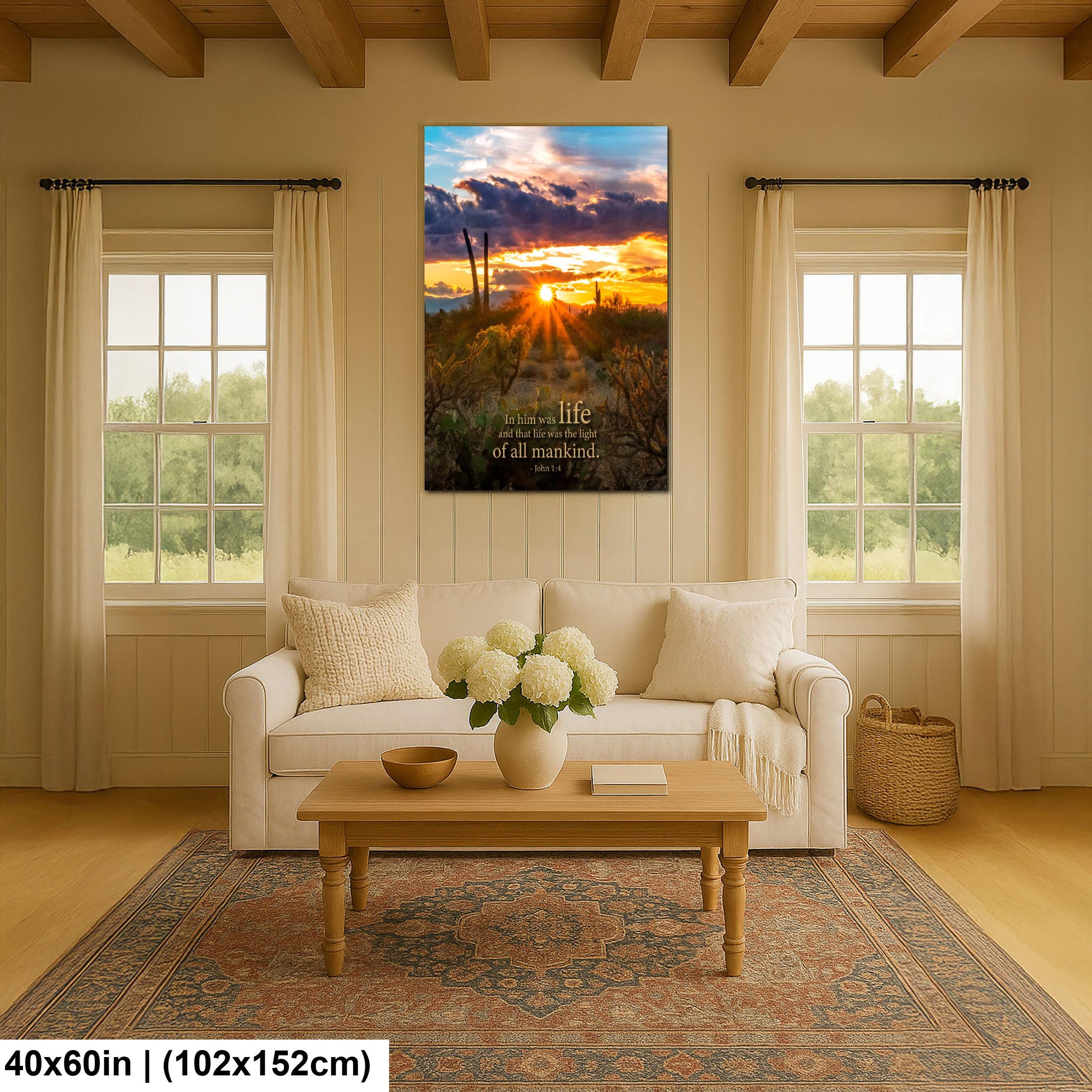 Christian Wall Art - John 1:4 Scripture Print | Arizona Desert Sunset Decor