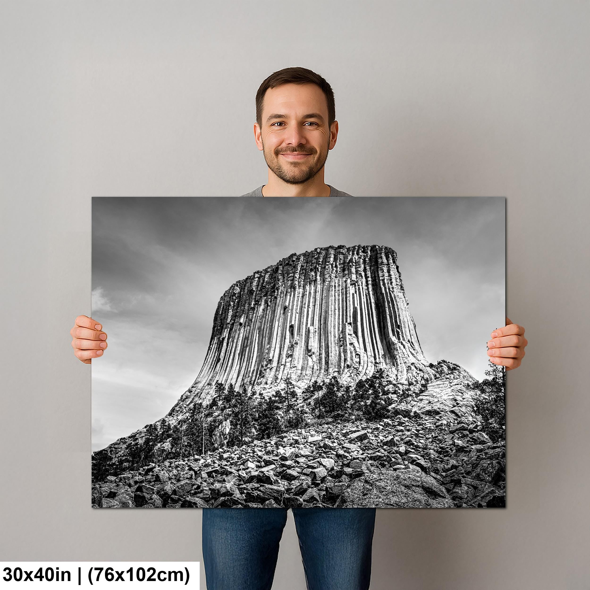 Basalt Monolith: Devils Tower Wyoming Black and White Photography Wall Art