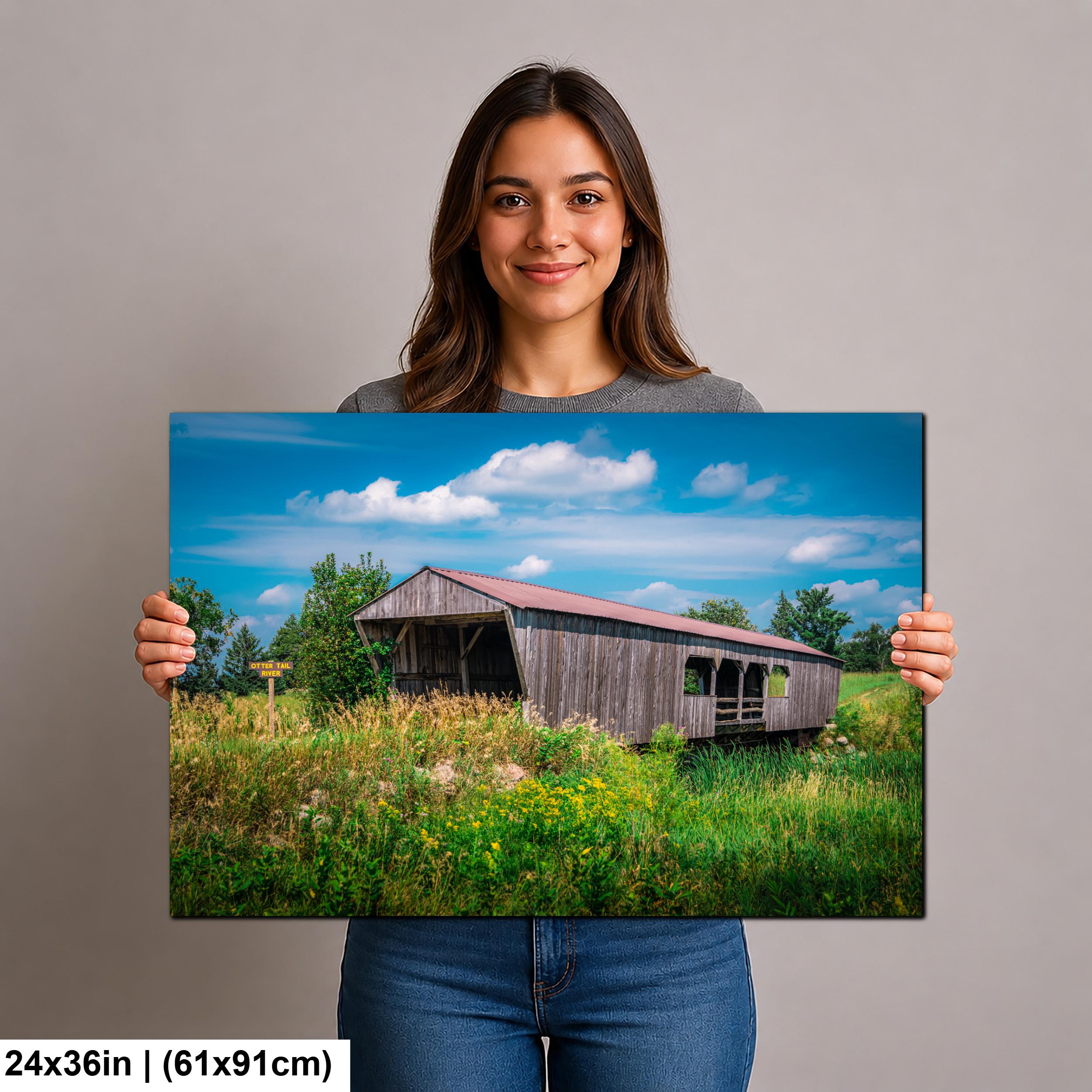 Rustic Covered Bridge Over Otter Tail River Detroit Lakes Minnesota Photography Print