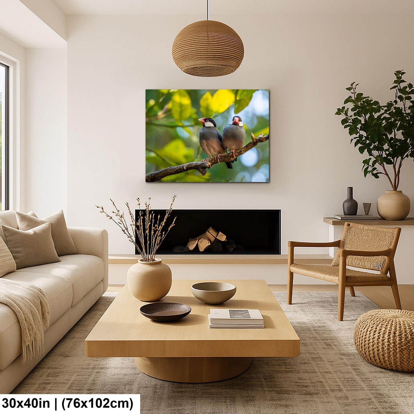 Pair of Java Sparrows on Branch, Wildlife Bird Lover Photography Wall Art