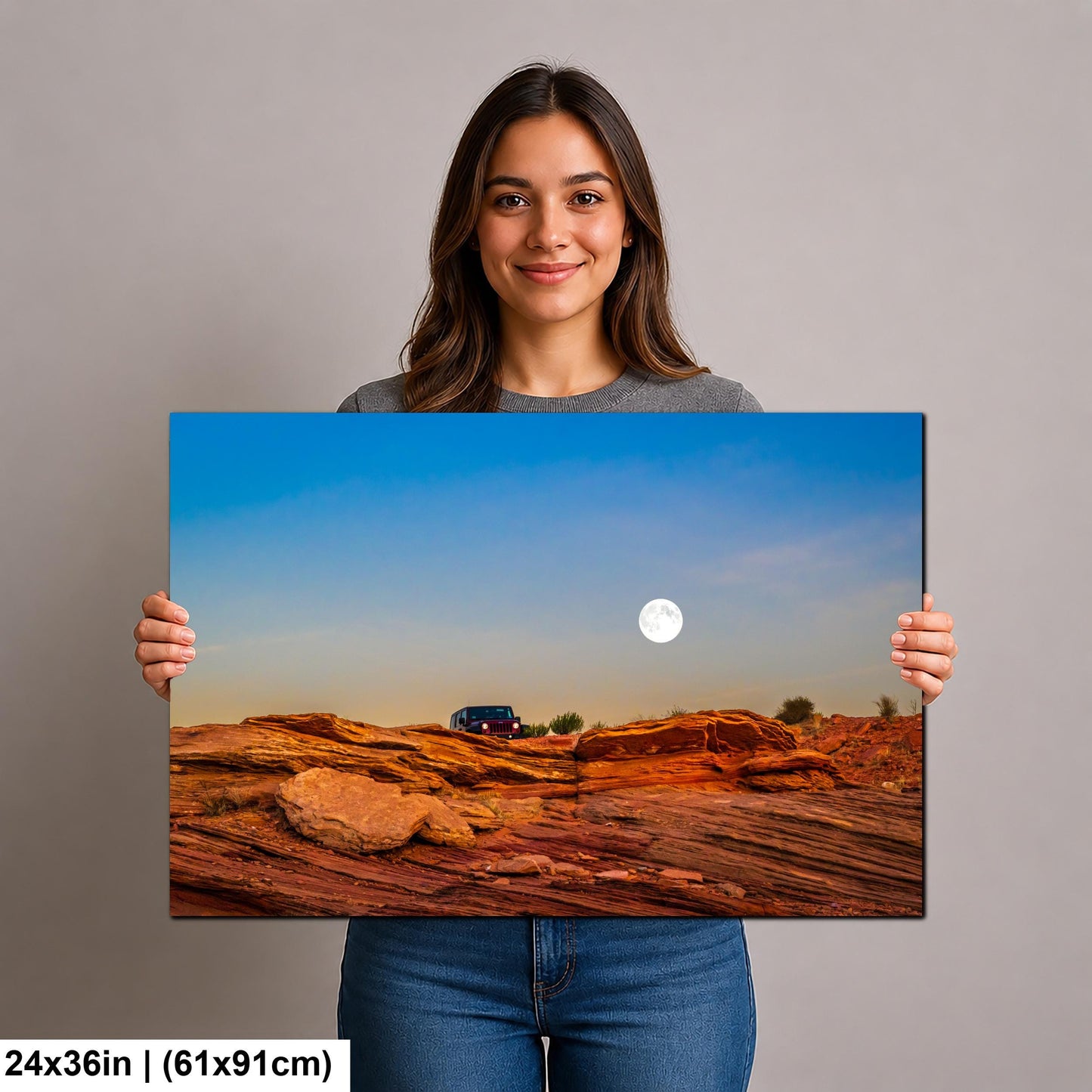 Moonrise Over Red Slickrock with Jeep, Page Arizona Photography Print