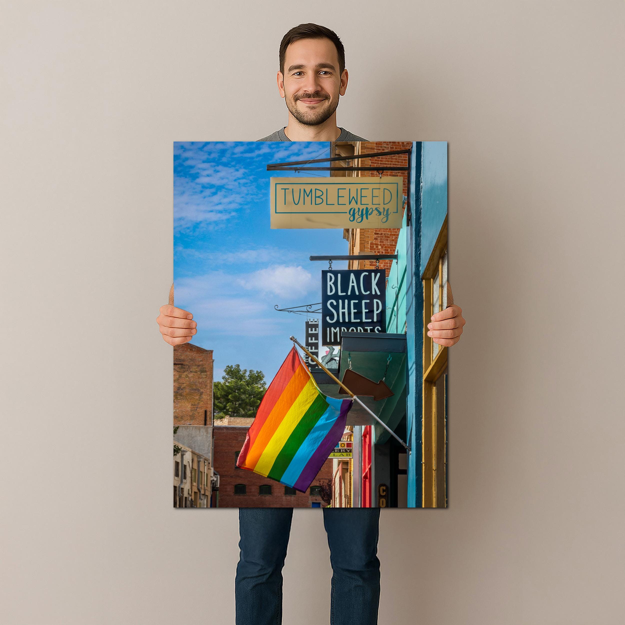 Bisbee Street Scene with Pride Flag Colorful Arizona Downtown Photography Wall Art