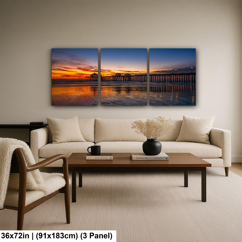 Huntington Beach Pier Sunset, California Coast Ocean Photography Print, Coastal Wall Art, Orange Sky Reflection, Beach Home Decor